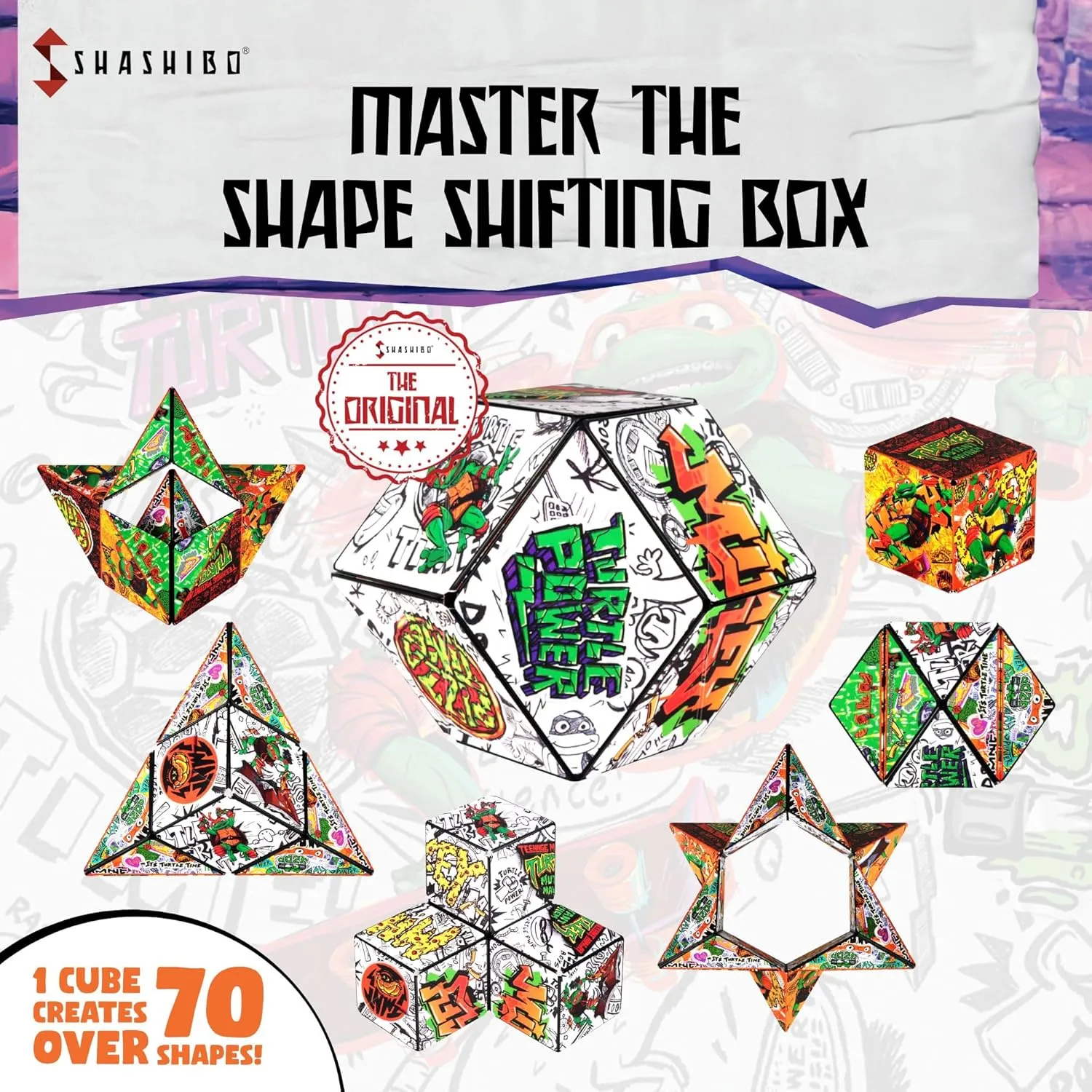 SHASHIBO Teenage Mutant Ninja Turtles Shape Shifting Box - STEM Magnetic Fidget Cube That Transforms Into Over 70 Shapes, Download Fun in Motion Toys Mobile App (Mikey)