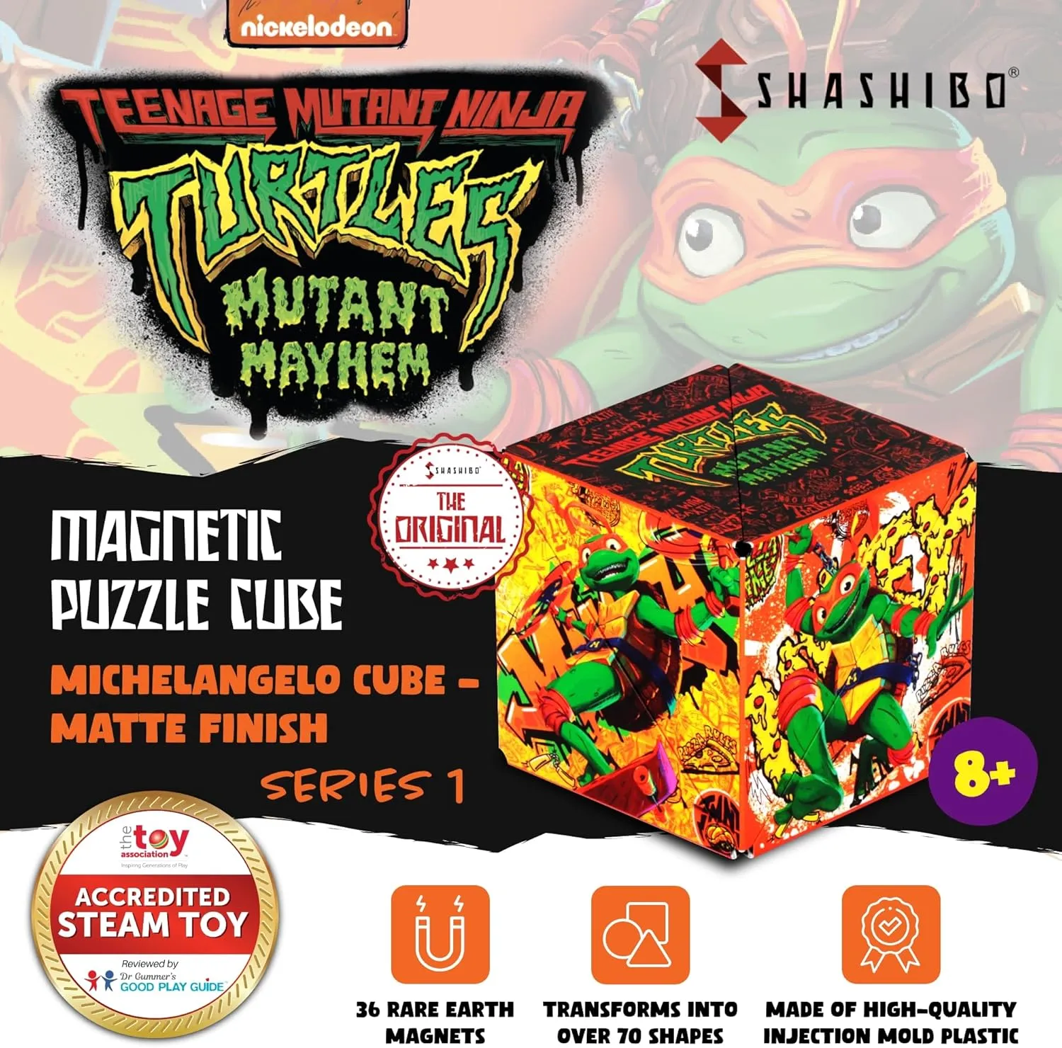 SHASHIBO Teenage Mutant Ninja Turtles Shape Shifting Box - STEM Magnetic Fidget Cube That Transforms Into Over 70 Shapes, Download Fun in Motion Toys Mobile App (Mikey)