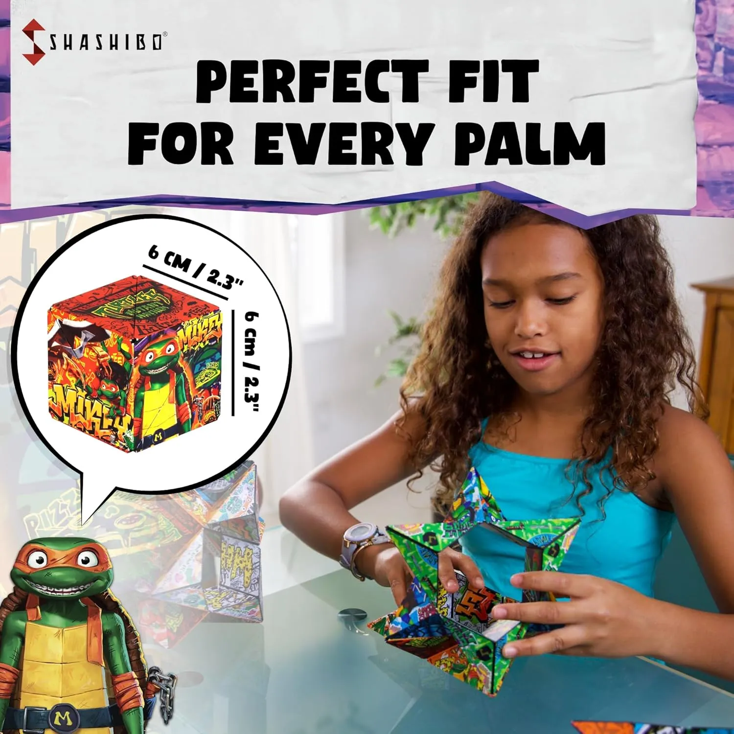 SHASHIBO Teenage Mutant Ninja Turtles Shape Shifting Box - STEM Magnetic Fidget Cube That Transforms Into Over 70 Shapes, Download Fun in Motion Toys Mobile App (Mikey)