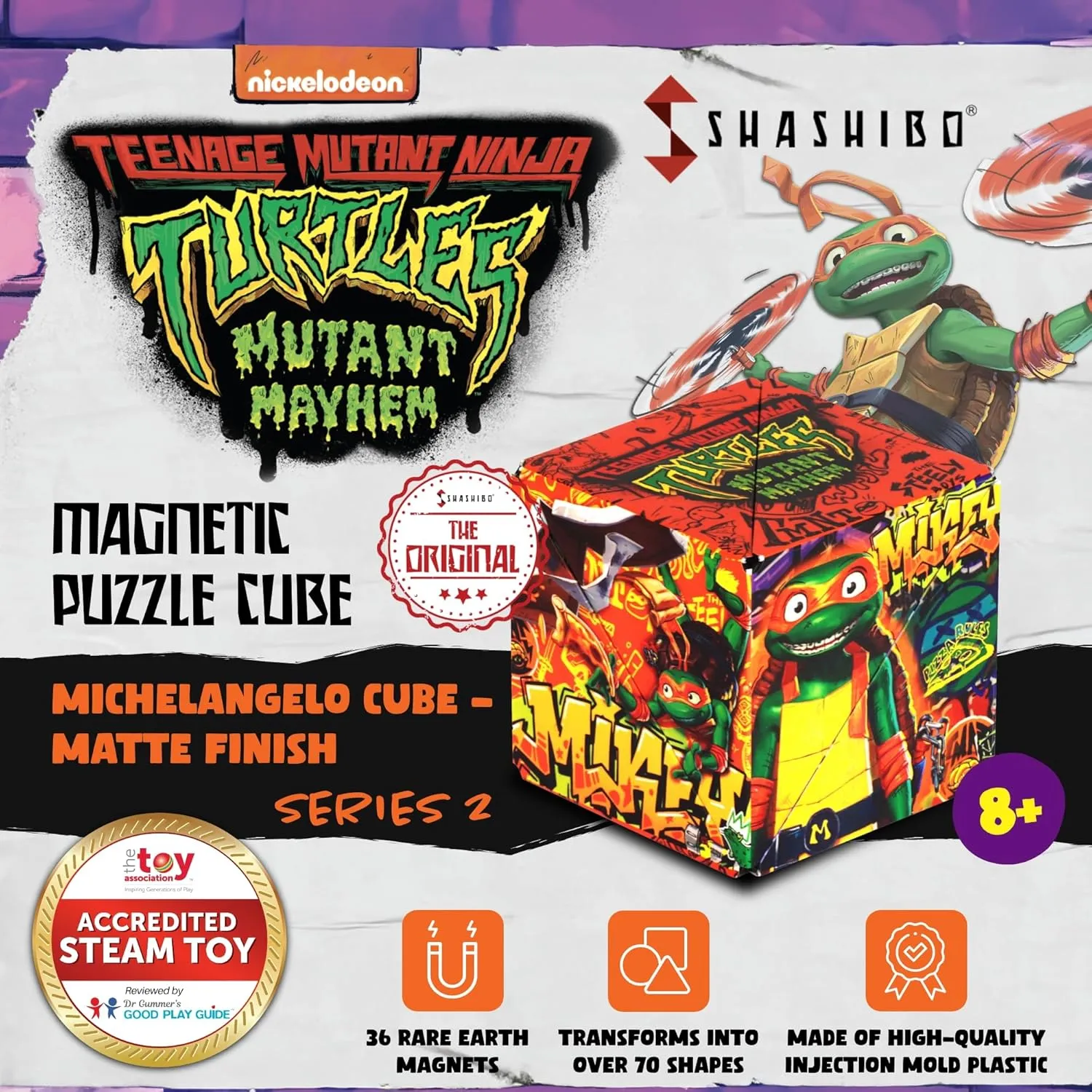 SHASHIBO Teenage Mutant Ninja Turtles Shape Shifting Box - STEM Magnetic Fidget Cube That Transforms Into Over 70 Shapes, Download Fun in Motion Toys Mobile App (Mikey)