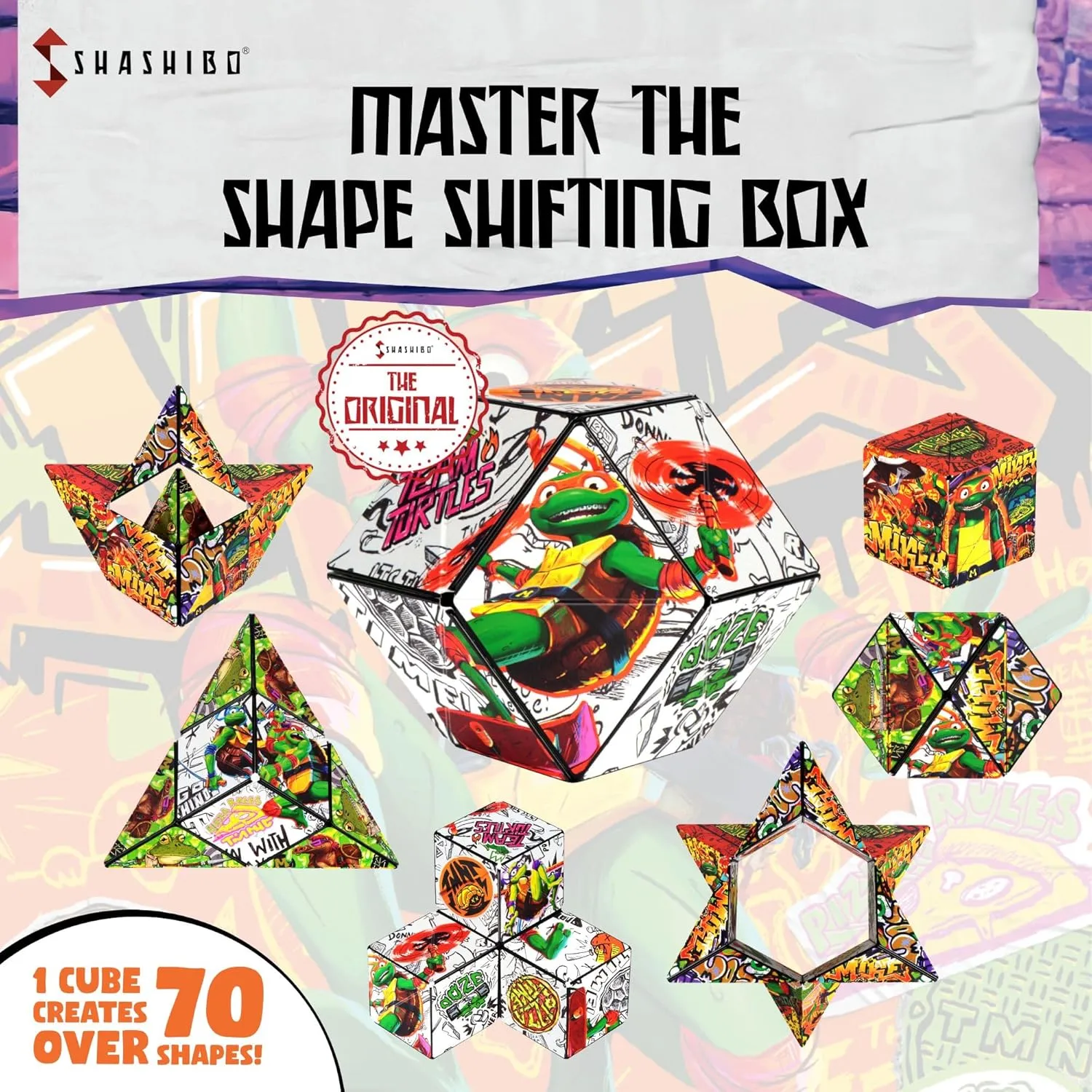 SHASHIBO Teenage Mutant Ninja Turtles Shape Shifting Box - STEM Magnetic Fidget Cube That Transforms Into Over 70 Shapes, Download Fun in Motion Toys Mobile App (Mikey)