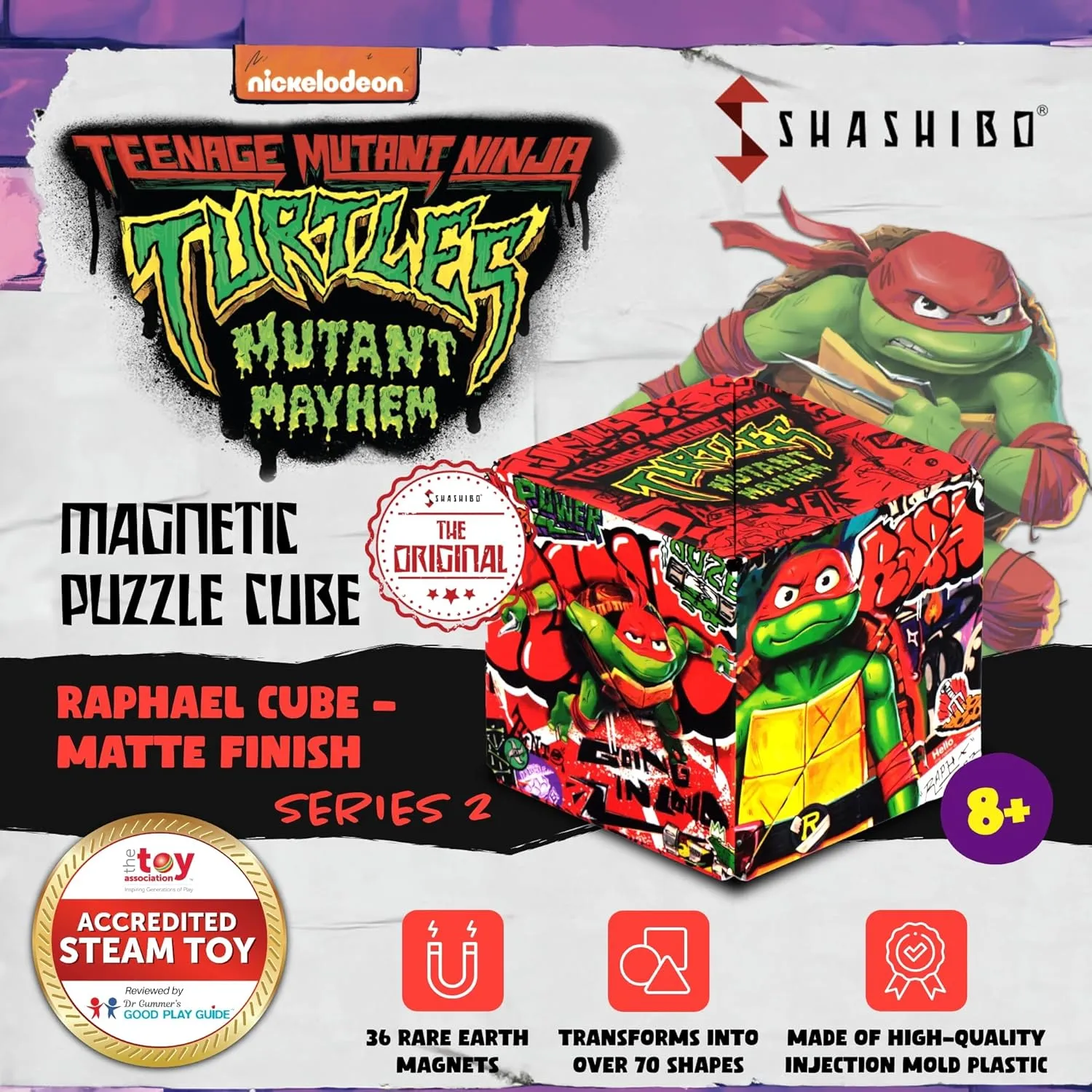 SHASHIBO Teenage Mutant Ninja Turtles Shape Shifting Box - STEM Magnetic Fidget Cube That Transforms Into Over 70 Shapes, Download Fun in Motion Toys Mobile App (Raphael)