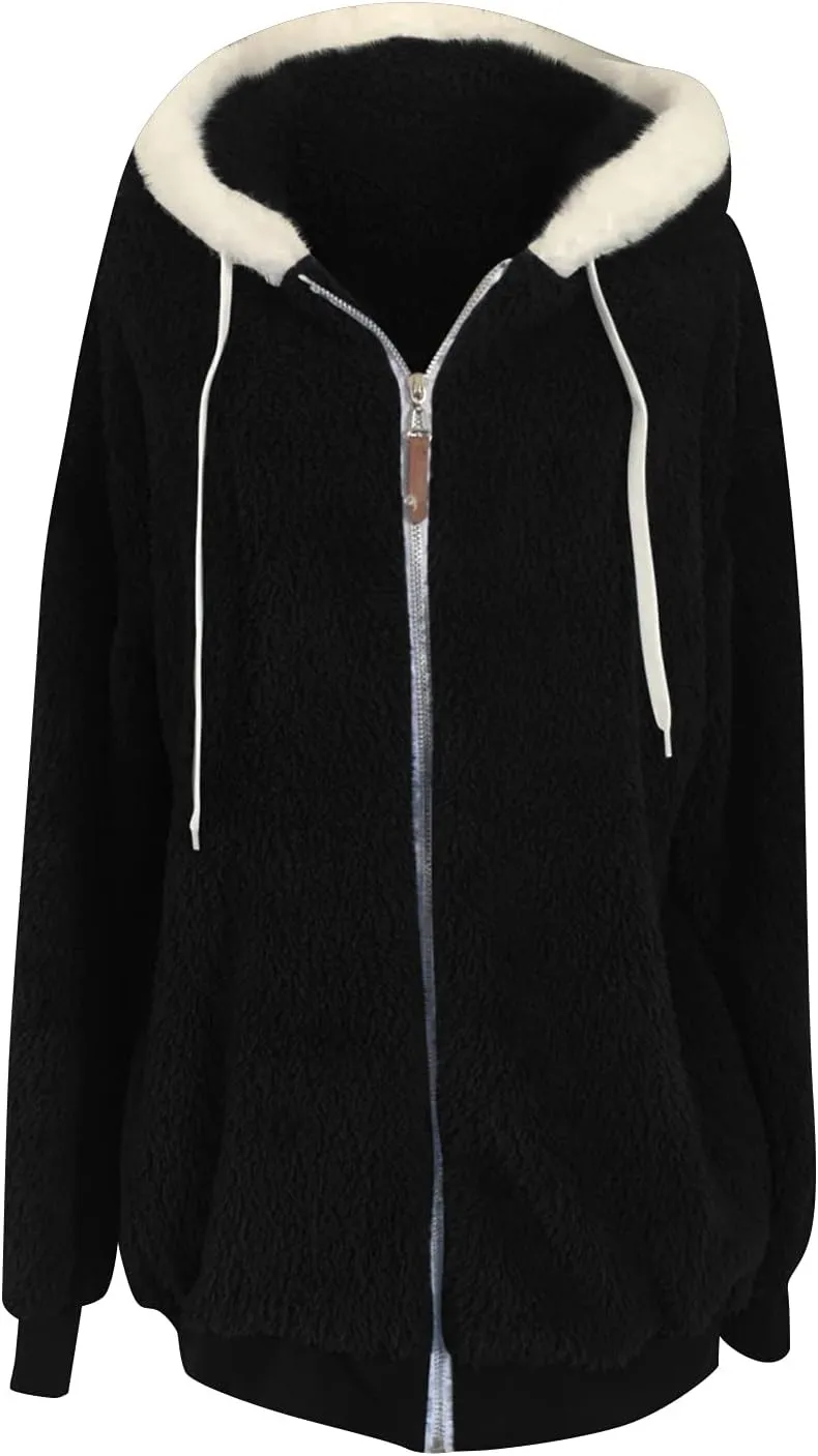 Sherpa Jackets For Women Fuzzy Fleece Teddy Coat Color Block Faux Shearling Cardigan Warm Hooded Zip Up Outwear