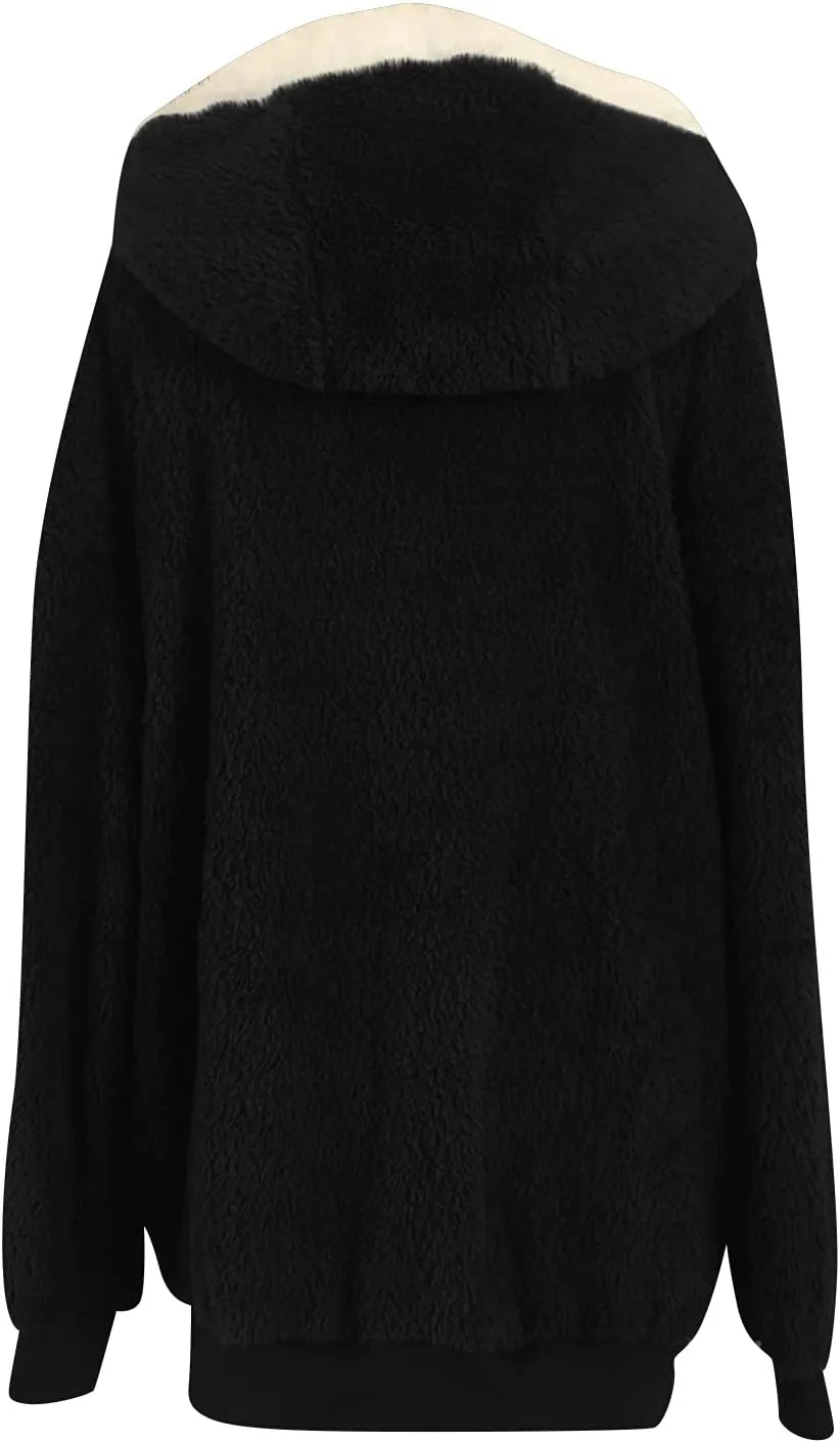 Sherpa Jackets For Women Fuzzy Fleece Teddy Coat Color Block Faux Shearling Cardigan Warm Hooded Zip Up Outwear