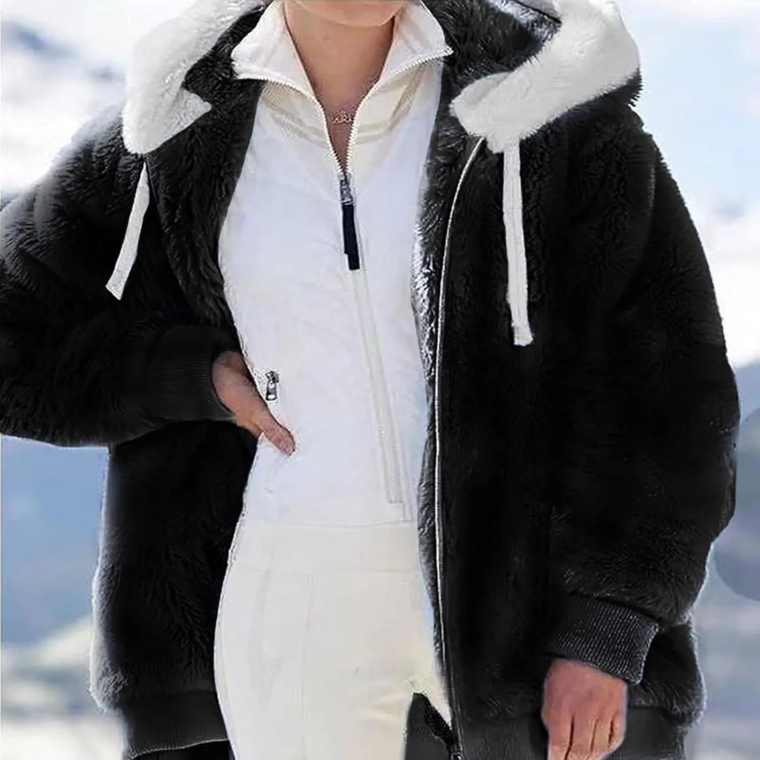 Sherpa Jackets For Women Fuzzy Fleece Teddy Coat Color Block Faux Shearling Cardigan Warm Hooded Zip Up Outwear