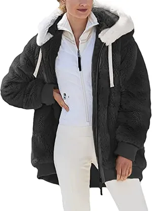 Sherpa Jackets For Women Fuzzy Fleece Teddy Coat Color Block Faux Shearling Cardigan Warm Hooded Zip Up Outwear