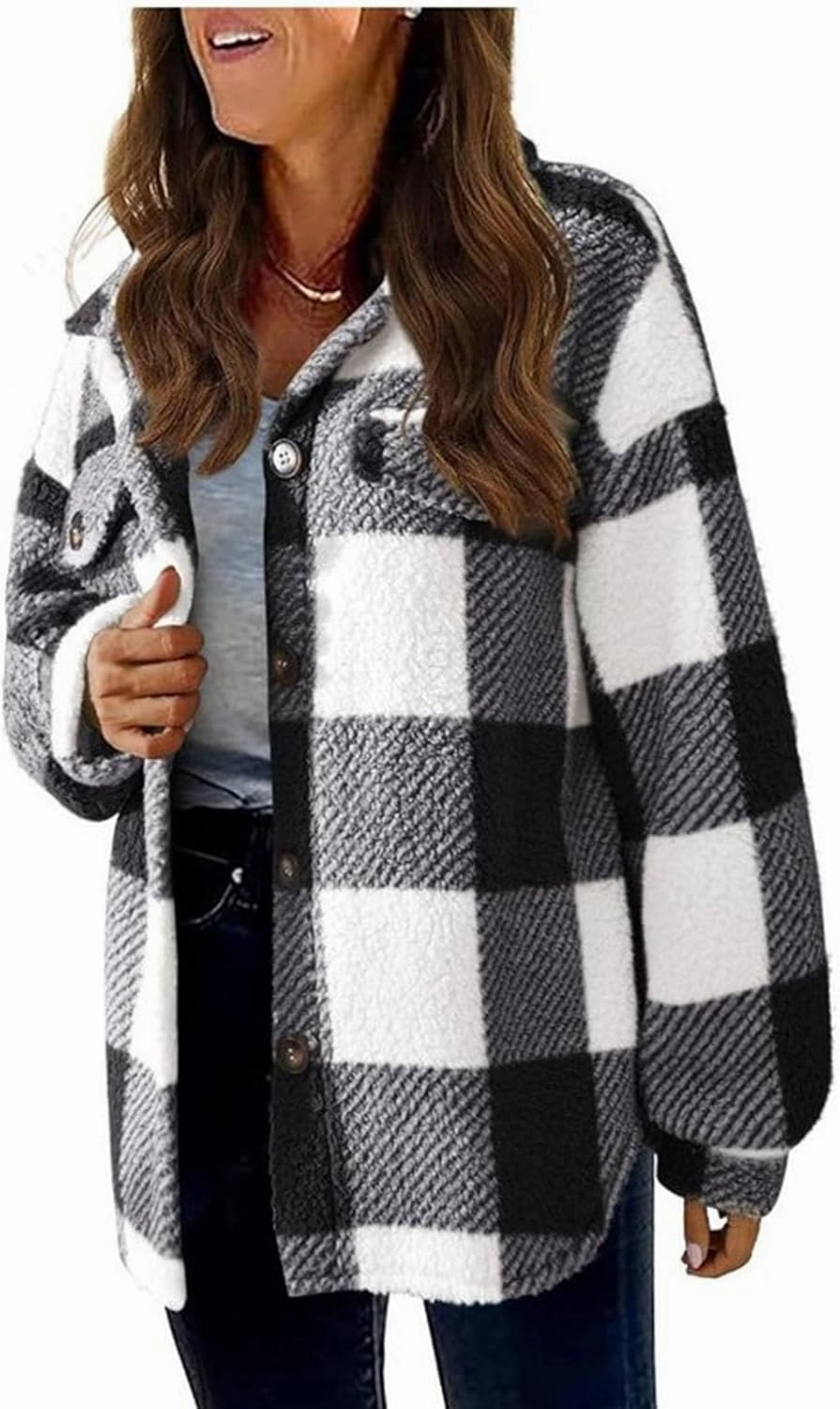 Sherpa Jacket For Women Fuzzy Fleece Winter Coats Plaid Button Down Shacket Casual Warm Teddy Coat Outwear 2023