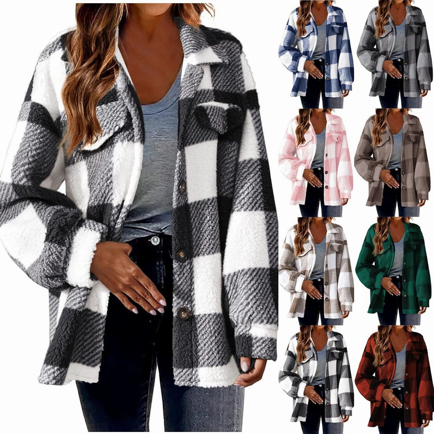 Sherpa Jacket For Women Fuzzy Fleece Winter Coats Plaid Button Down Shacket Casual Warm Teddy Coat Outwear 2023