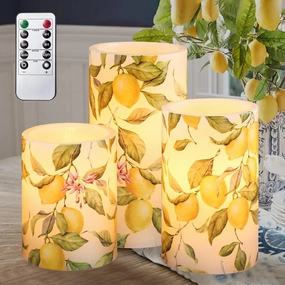 Silverstro Christmas Lemon Flameless Candles with Remote Real Wax Flickering Battery Operated - Home Party Botanical Room Thanksgiving Holiday Decor - Set of 3