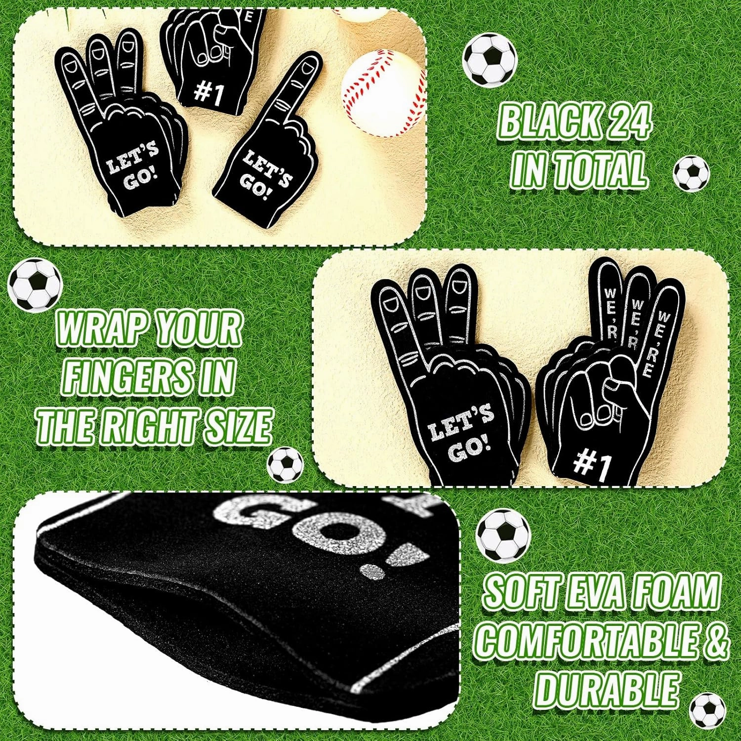 Sinmoe 24 Pcs Mini Foam Finger Baseball Fan Mini Foam Finger, We're #1 Sports Themed Party Supplies for Baseball Hockey Football Basketball Events Team Gifts(Black)