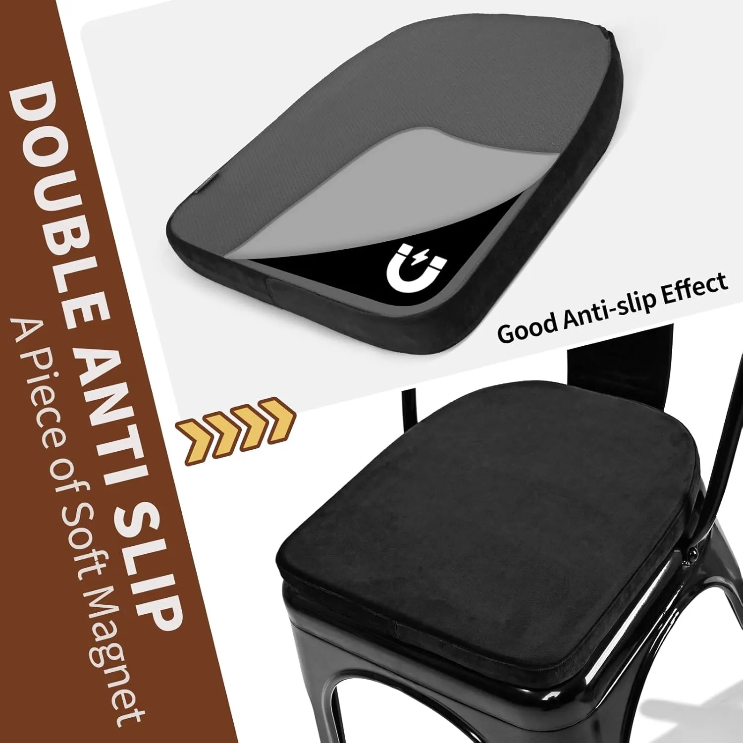 SINOSSO Kitchen Magnetic Metal Chair Cushions Set of 2, 14" Luxury Velvet Memory Foam Seat Pads for Cafe Stackable Chair (U-Shape, Black, 2)