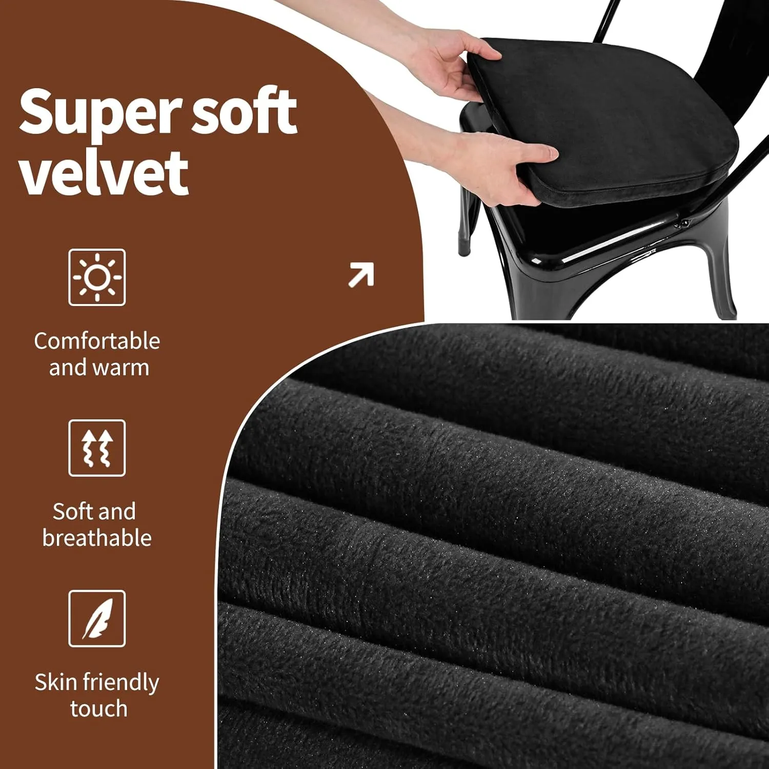 SINOSSO Kitchen Magnetic Metal Chair Cushions Set of 2, 14" Luxury Velvet Memory Foam Seat Pads for Cafe Stackable Chair (U-Shape, Black, 2)