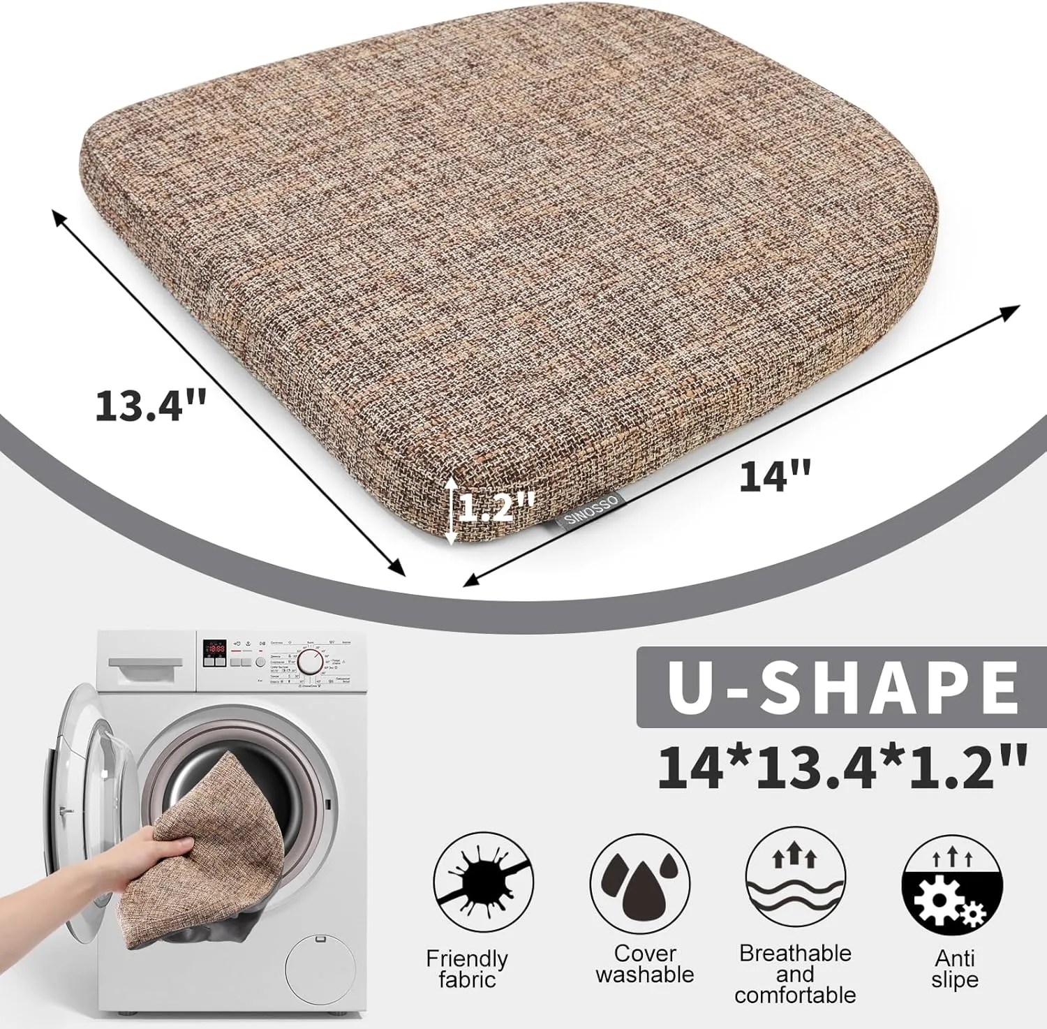 SINOSSO Memory Foam 14" Metal Chair Cushions 4 Pcs, Modern Interwoven Style Magnetic Chair Pads for Dining Kitchen Cafe Bistro Stackable Chair (U-Shape, Light Brown, 4)
