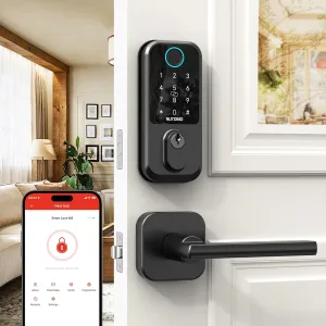 Smart Front Door Lock Set: NUTOMO Keyless Entry Fingerprint Deadbolt with Handle Set Digital Keypad Door Locks Alexa APP Remote Control Auto Lock Black