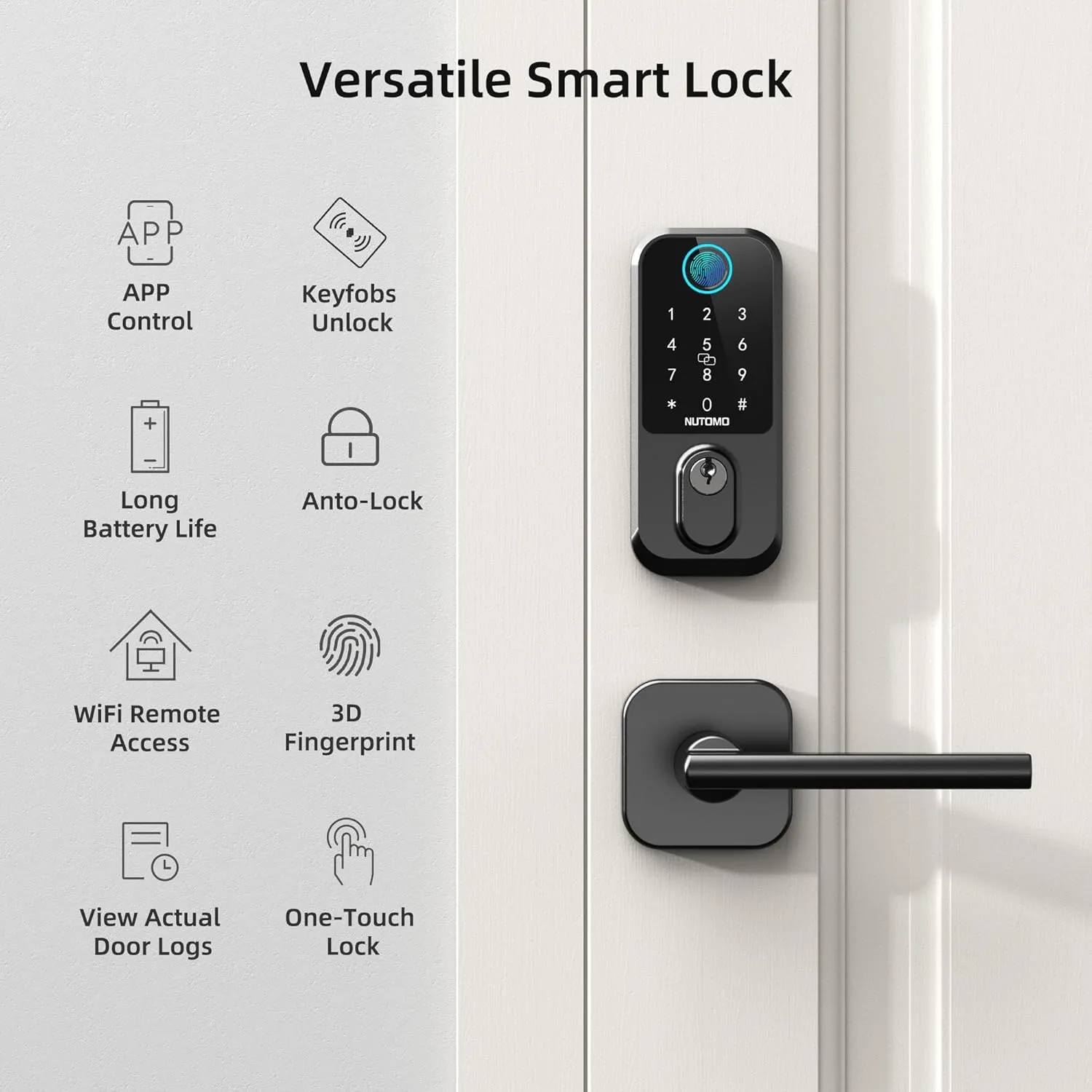 Smart Front Door Lock Set: NUTOMO Keyless Entry Fingerprint Deadbolt with Handle Set Digital Keypad Door Locks Alexa APP Remote Control Auto Lock Black