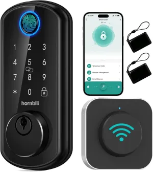 Smart WiFi Front Door Lock: Hornbill Keyless Entry Fingerprint Deadbolt - Alexa Bluetooth Electronic Keypad Door Locks for House Apartment Auto Lock APP Remote Control Black