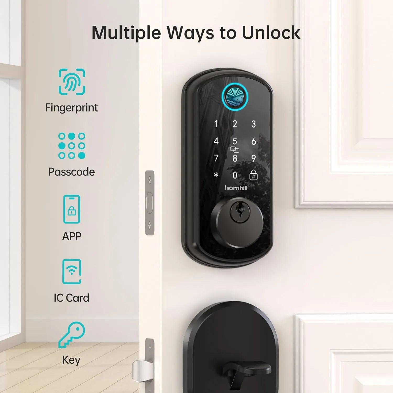 Smart WiFi Front Door Lock: Hornbill Keyless Entry Fingerprint Deadbolt - Alexa Bluetooth Electronic Keypad Door Locks for House Apartment Auto Lock APP Remote Control Black