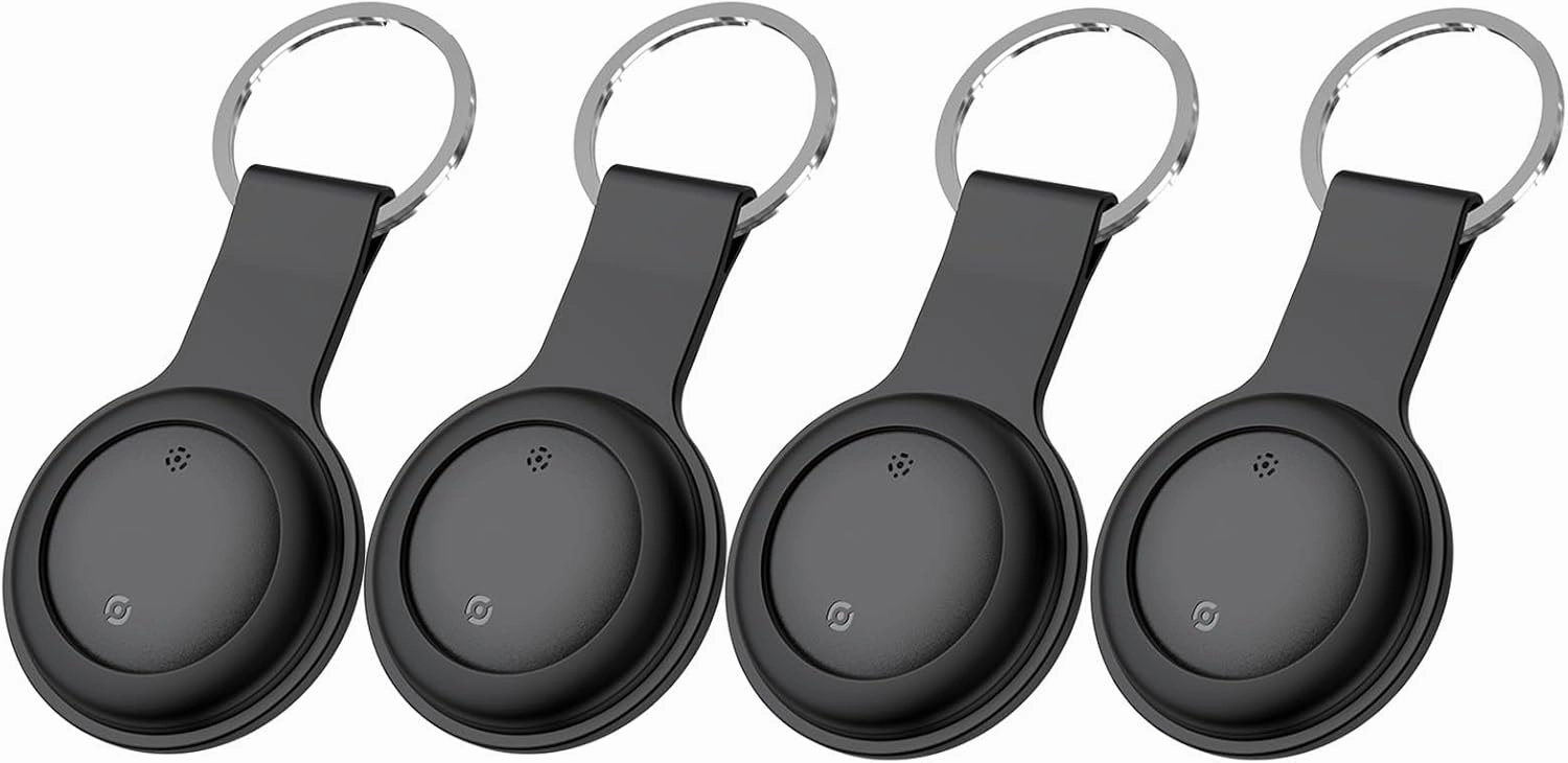 Smart Tracker for iOS-Accurate Location Tracking-Waterproof & Compact Design-Long-Lasting Battery-Ideal for Keys, Luggage, and Pets (JWX-BlackF-4P, 4 Pack)