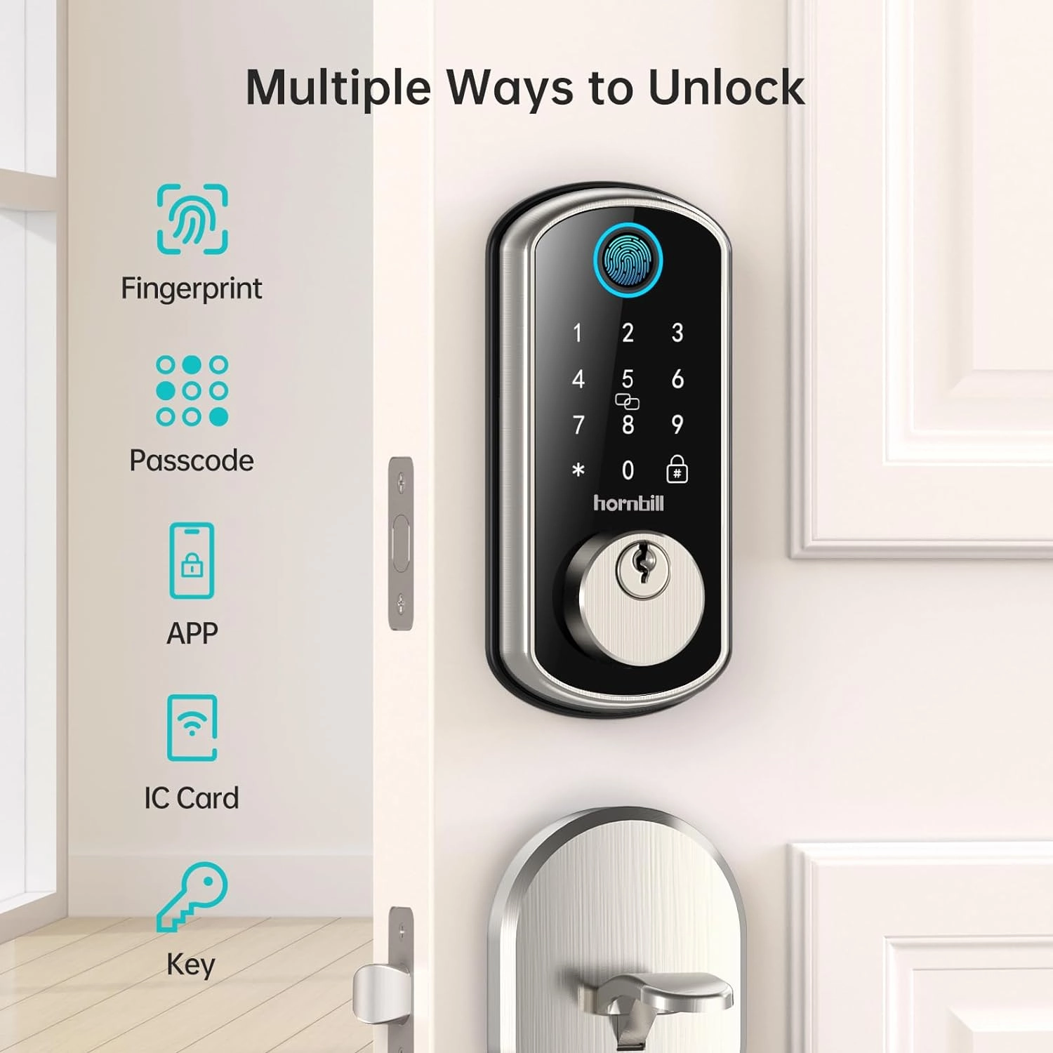 Smart WiFi Front Door Lock: Hornbill Keyless Entry Fingerprint Deadbolt - Alexa Bluetooth Electronic Keypad Door Locks for House Apartment Auto Lock APP Remote Control Silver