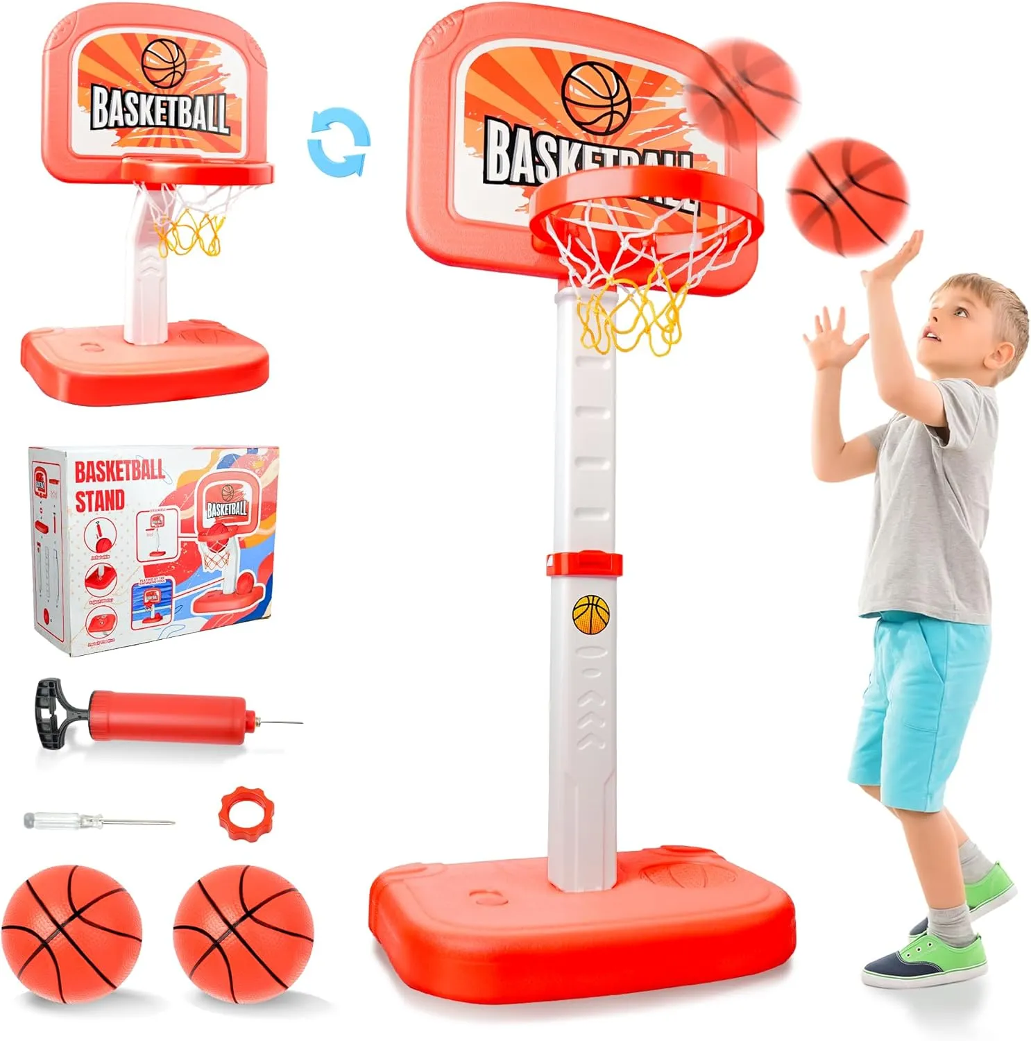 SMILESSKIDDO 2 in 1 Toddler Basketball Hoop - Adjustable Kids Basketball Hoop with Pump, Net and 2 Balls, Indoor & Outdoor Basketball Game Sport Toys Gifts for Kids Boys Girls Age 3 4 5 6 7 8