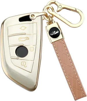 Soft TPU for BMW Key Fob Cover with Leather Keychain for X1 X3 X4 X5 X6 X7 M5 M6 1 2 3 4 5 6 7 Series GT3 GT5 GT6 Key Case Accessories, Gold