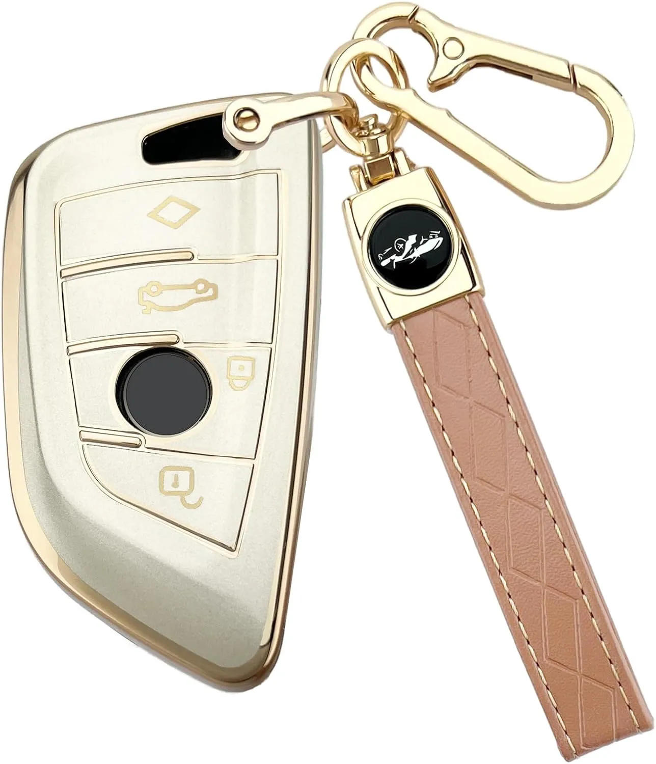 Soft TPU for BMW Key Fob Cover with Leather Keychain for X1 X3 X4 X5 X6 X7 M5 M6 1 2 3 4 5 6 7 Series GT3 GT5 GT6 Key Case Accessories, Gold