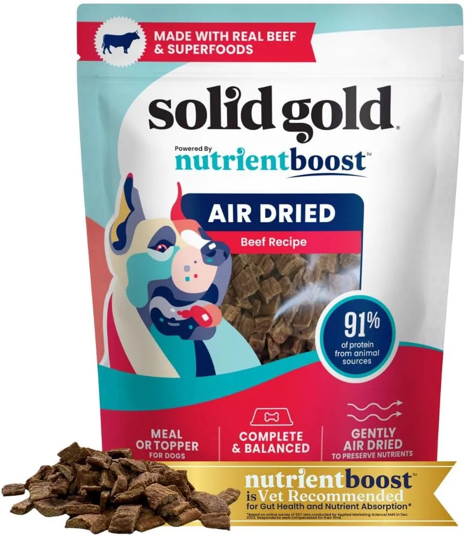 Solid Gold Air Dried Dog Food Toppers for Picky Eaters - Healthy Dog Treats Made with Real Beef to Serve as Meal Topper or Dog Treat - Supports Muscle Growth, Immunity, and Healthy Digestion - 1 LB