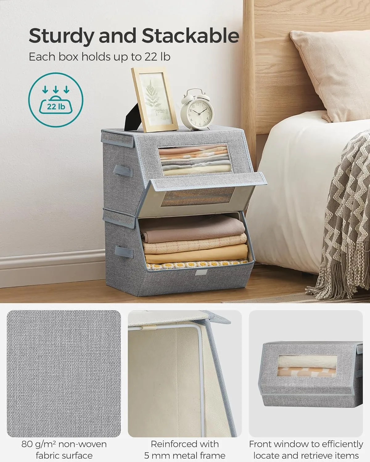 SONGMICS Stackable Storage Bins Set of 2, Storage Boxes with Lids and Front Windows, Non-Woven Fabric Closet Organizers with Magnetic Closures, Side Handles, Dove Gray URLB002W01