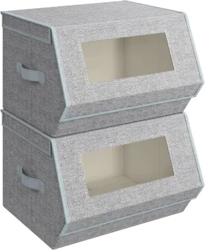 SONGMICS Stackable Storage Bins Set of 2, Storage Boxes with Lids and Front Windows, Non-Woven Fabric Closet Organizers with Magnetic Closures, Side Handles, Dove Gray URLB002W01