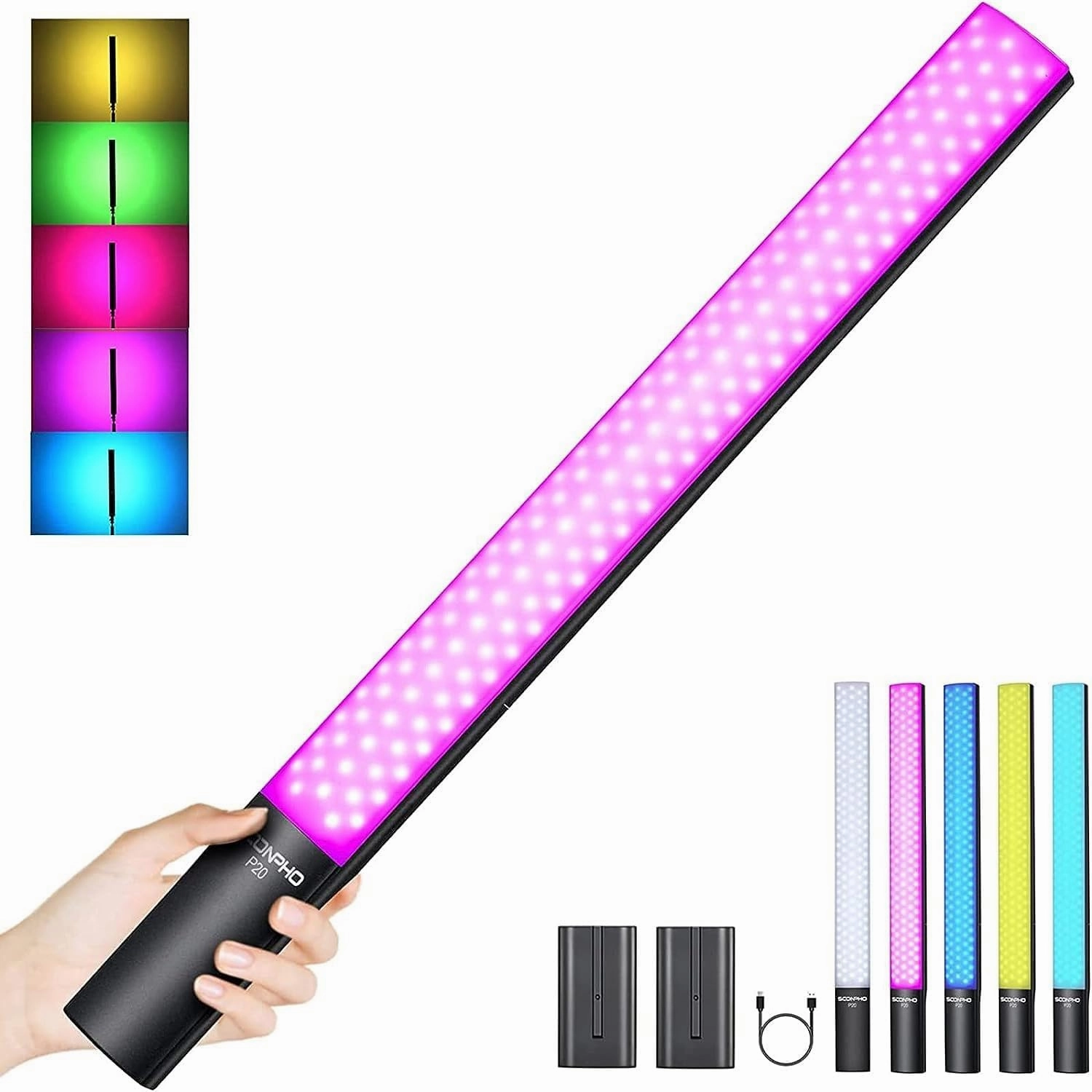 Soonpho P20 RGB LED Video Light Wand Kit with 2-Pack 4400mAh Battery, Handheld Photography LED Light Stick- CRI≥97, 20W, 2500-8500K Stepless Dimmable, 40 Lighting Effects with Carry Bag