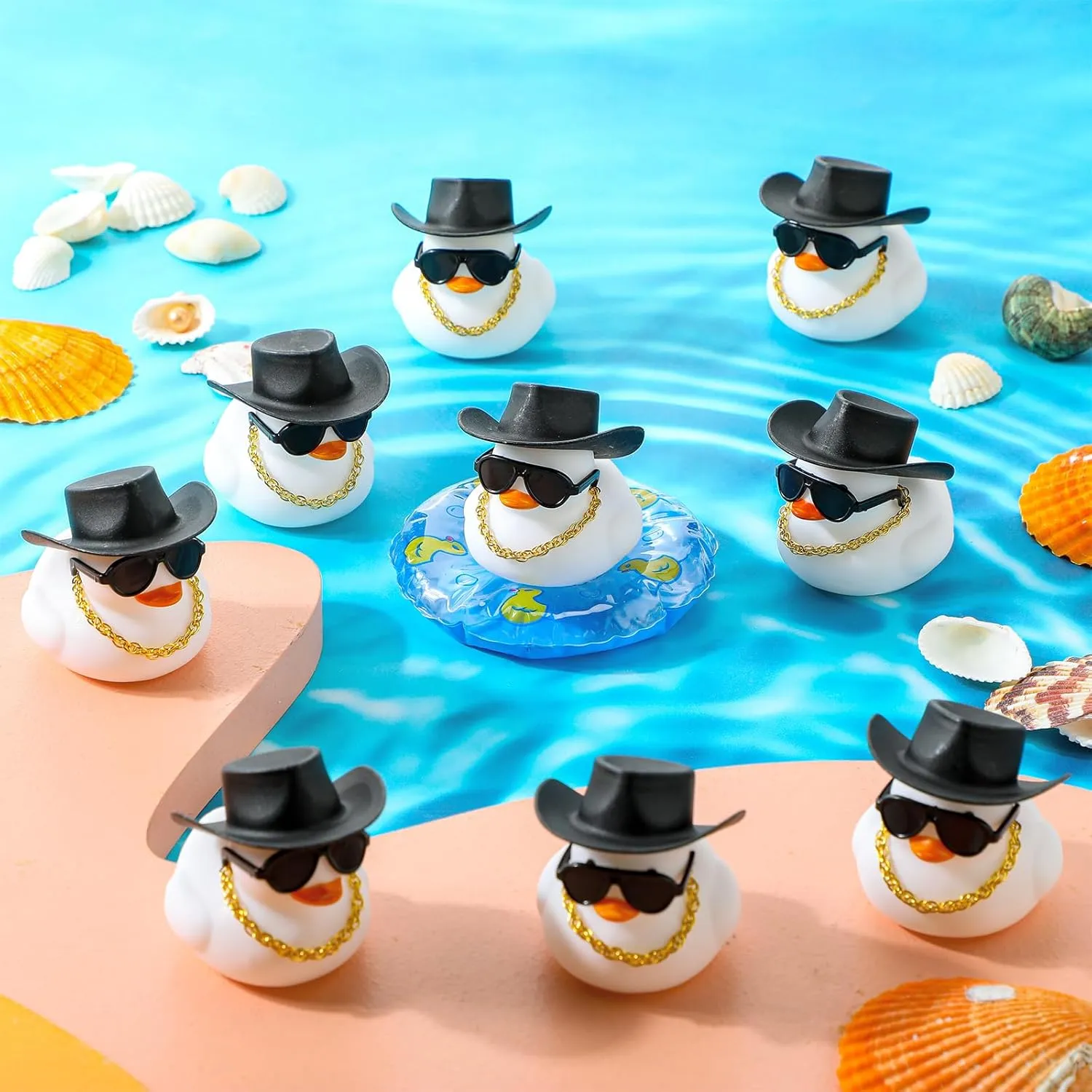 Sotiff 48 Sets Cowgirl Rubber Duck Squeaky Duck Bath Party Toy Duckies Car Dashboard Decorations with Mini Necklace Hat and Sunglasses for Bathtub Baby Shower Birthday Swimming Party(White)
