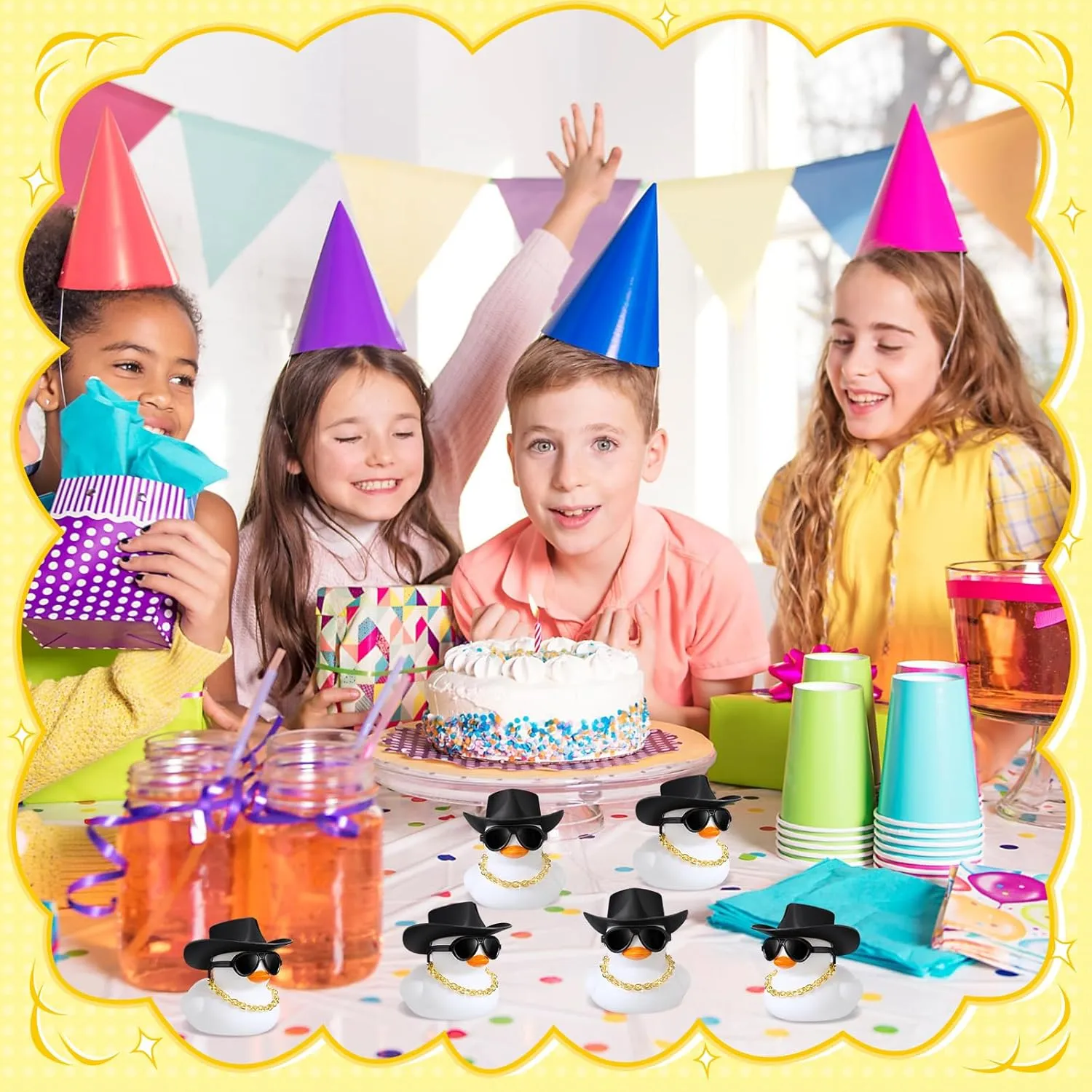 Sotiff 48 Sets Cowgirl Rubber Duck Squeaky Duck Bath Party Toy Duckies Car Dashboard Decorations with Mini Necklace Hat and Sunglasses for Bathtub Baby Shower Birthday Swimming Party(White)
