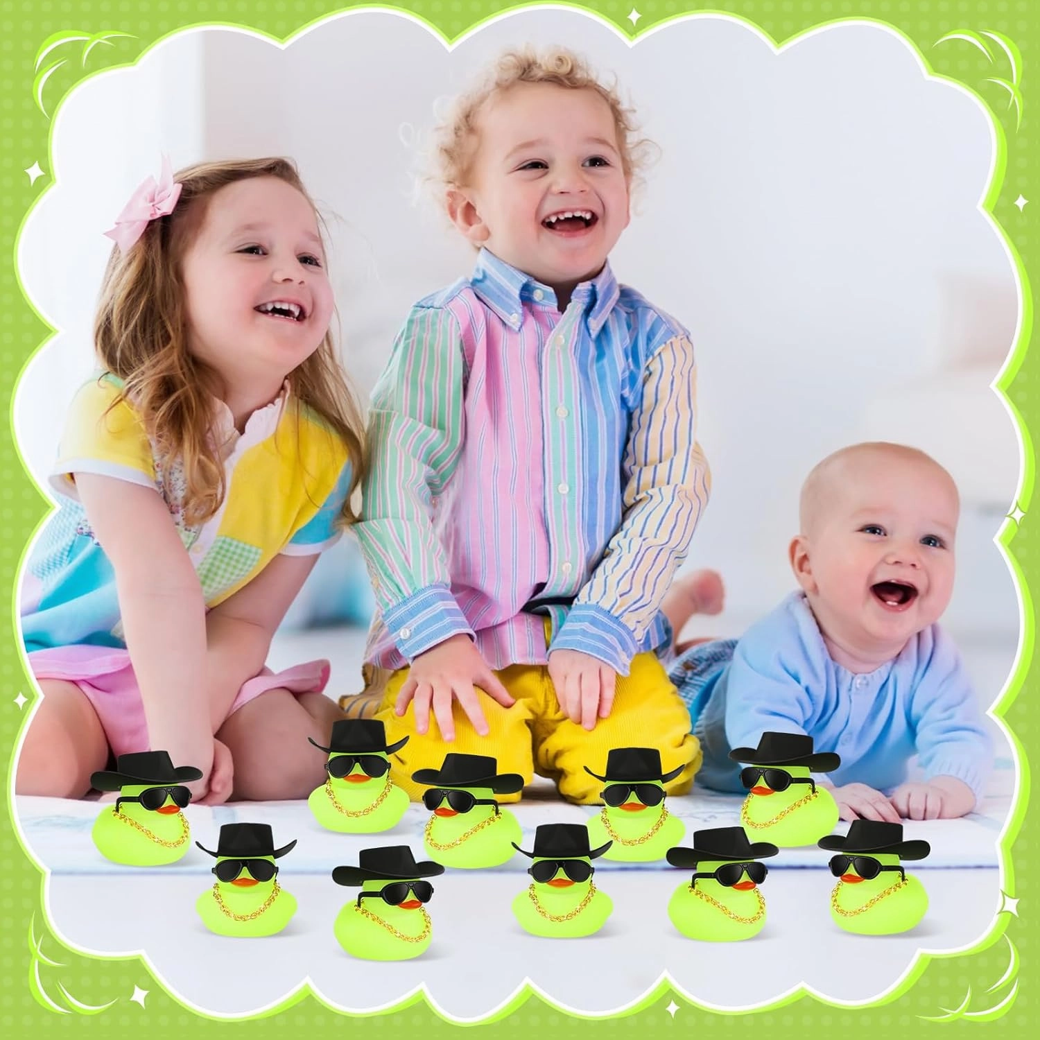 Sotiff 48 Sets Cowgirl Rubber Duck Squeaky Duck Bath Party Toy Duckies Car Dashboard Decorations with Mini Necklace Hat and Sunglasses for Bathtub Baby Shower Birthday Swimming Party (Green)