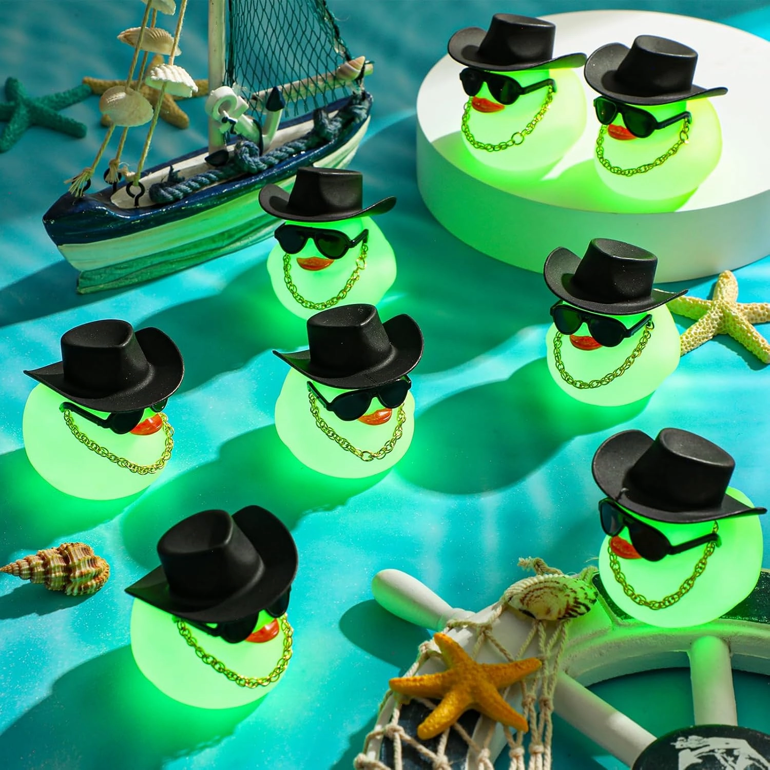 Sotiff 48 Sets Cowgirl Rubber Duck Squeaky Duck Bath Party Toy Duckies Car Dashboard Decorations with Mini Necklace Hat and Sunglasses for Bathtub Baby Shower Birthday Swimming Party (Green)