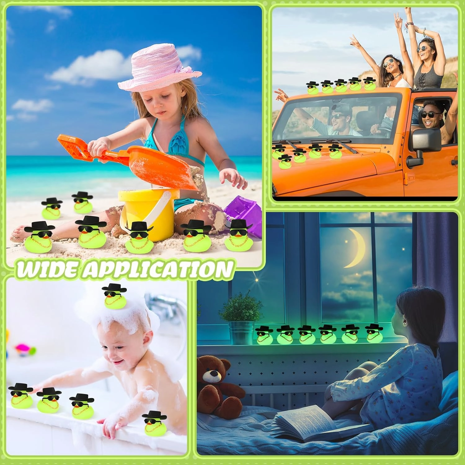 Sotiff 48 Sets Cowgirl Rubber Duck Squeaky Duck Bath Party Toy Duckies Car Dashboard Decorations with Mini Necklace Hat and Sunglasses for Bathtub Baby Shower Birthday Swimming Party (Green)