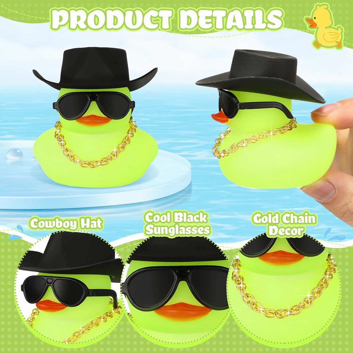 Sotiff 48 Sets Cowgirl Rubber Duck Squeaky Duck Bath Party Toy Duckies Car Dashboard Decorations with Mini Necklace Hat and Sunglasses for Bathtub Baby Shower Birthday Swimming Party (Green)