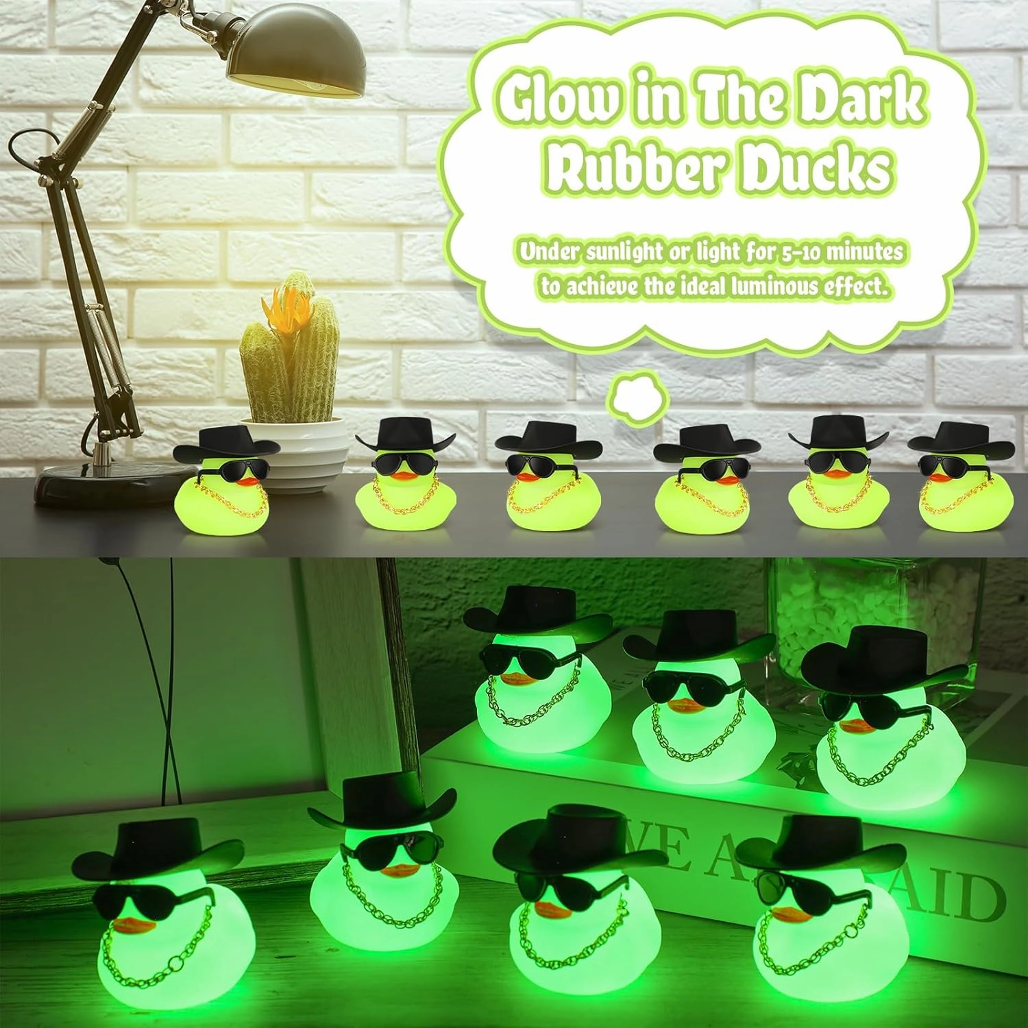 Sotiff 48 Sets Cowgirl Rubber Duck Squeaky Duck Bath Party Toy Duckies Car Dashboard Decorations with Mini Necklace Hat and Sunglasses for Bathtub Baby Shower Birthday Swimming Party (Green)