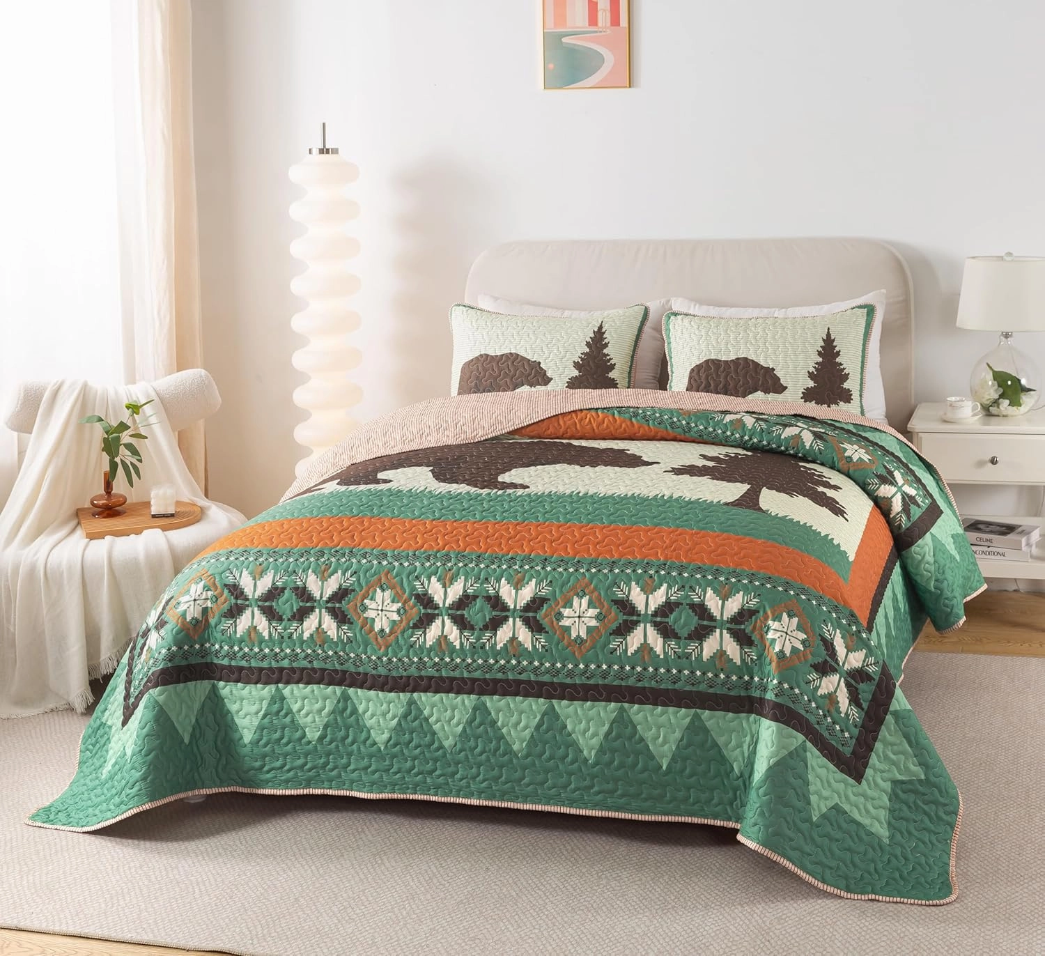 Soul & Lane Rustic Cabin Bear Quilt Set - Queen Size with 2 Shams, Wilderness Lodge Bedding with Country Nature Theme, Forest Quilted Bedspread with Outdoor Motif for Ski Lodge and Lake House