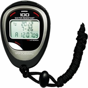 Sper Scientific 100 Memory Water and Shock Resistant Stopwatch 810036A - Stopwatch/Timer with 100 Split/Lap Memory, 20-Hour Countdown, 4 Timing Modes, Pacer, Clock/Calendar, Belt Clip & Lanyard - 2 pc