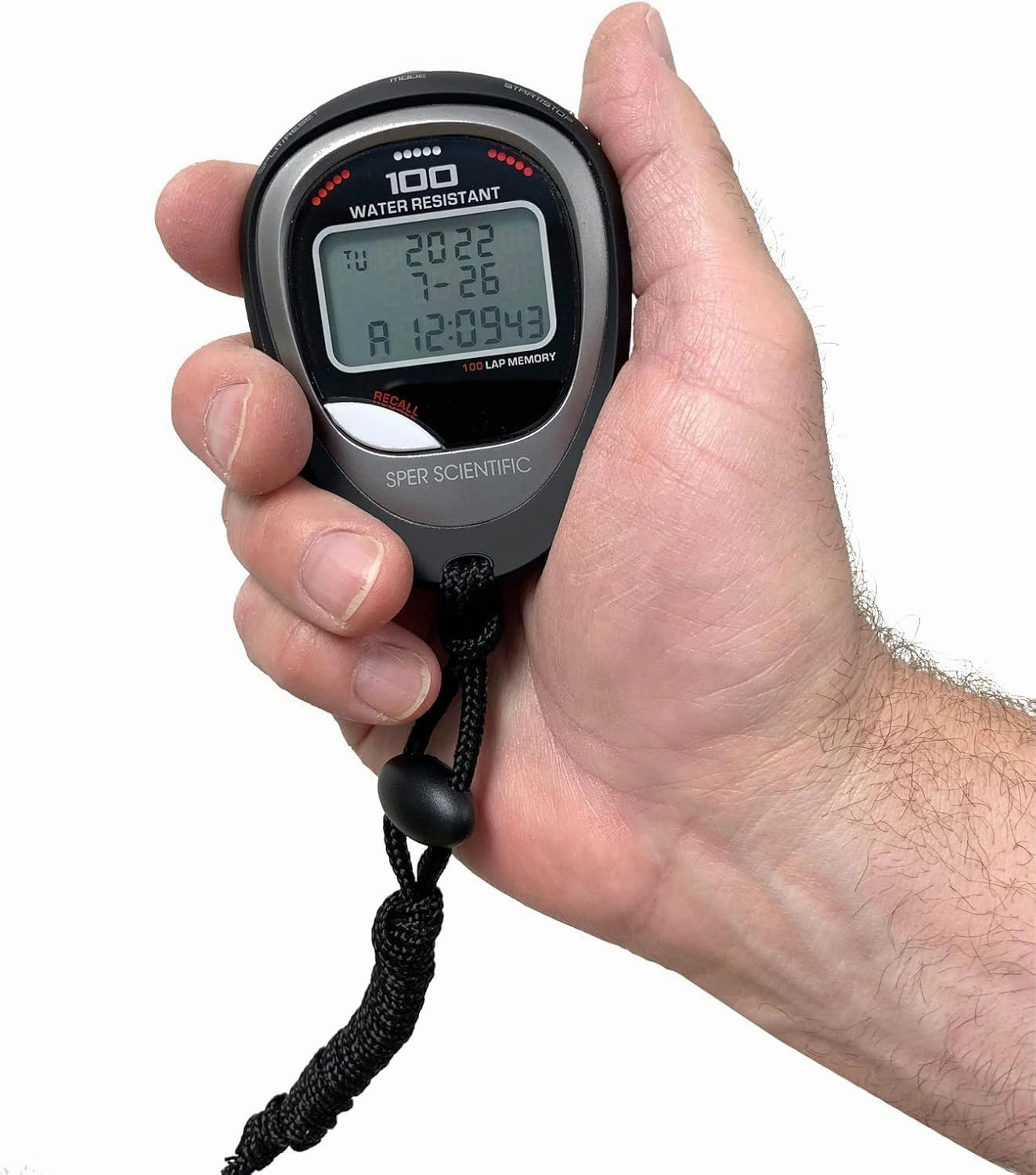 Sper Scientific 100 Memory Water and Shock Resistant Stopwatch 810036A - Stopwatch/Timer with 100 Split/Lap Memory, 20-Hour Countdown, 4 Timing Modes, Pacer, Clock/Calendar, Belt Clip & Lanyard - 2 pc