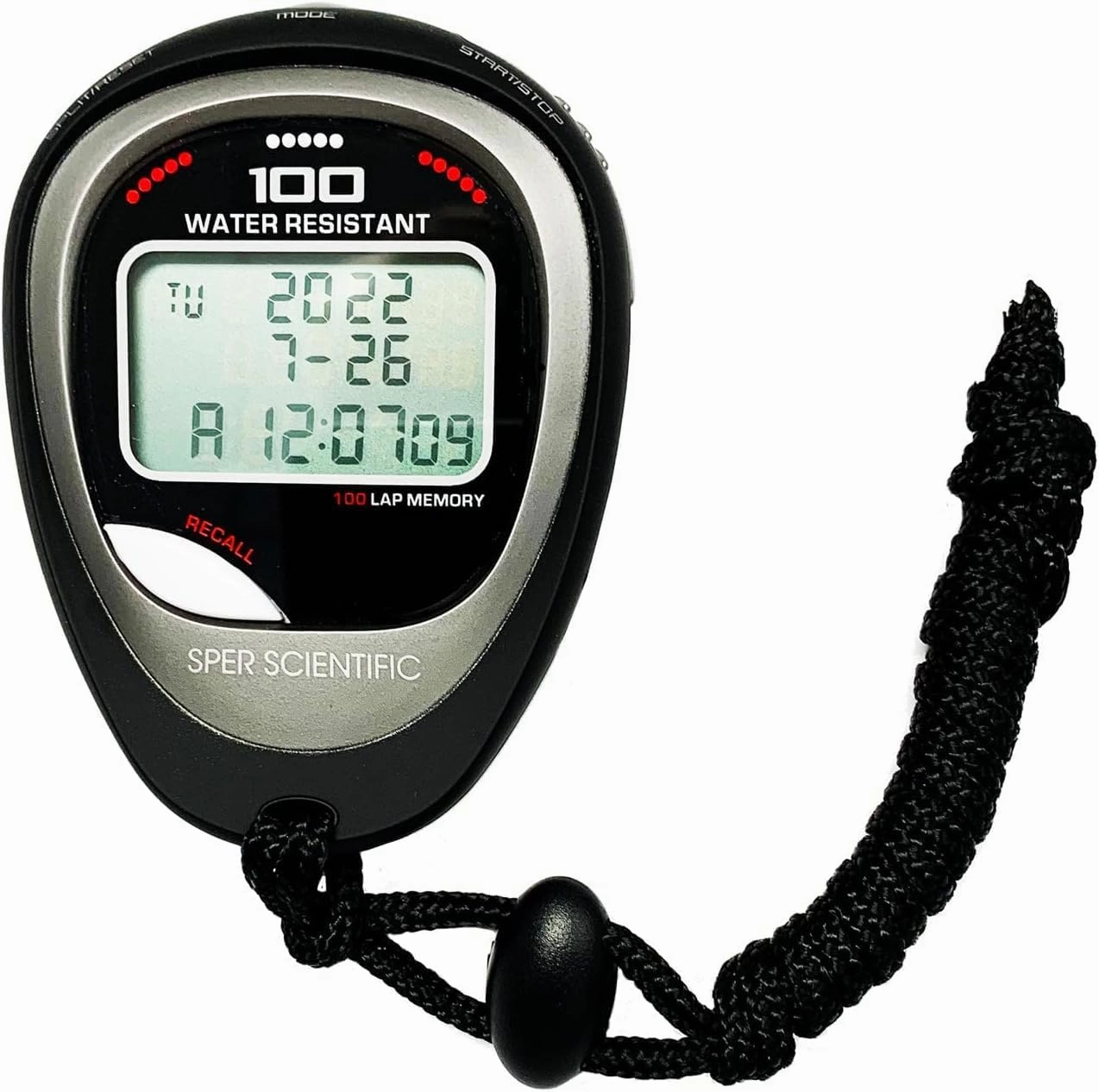 Sper Scientific 100 Memory Water and Shock Resistant Stopwatch 810036A - Stopwatch/Timer with 100 Split/Lap Memory, 20-Hour Countdown, 4 Timing Modes, Pacer, Clock/Calendar, Belt Clip & Lanyard - 2 pc