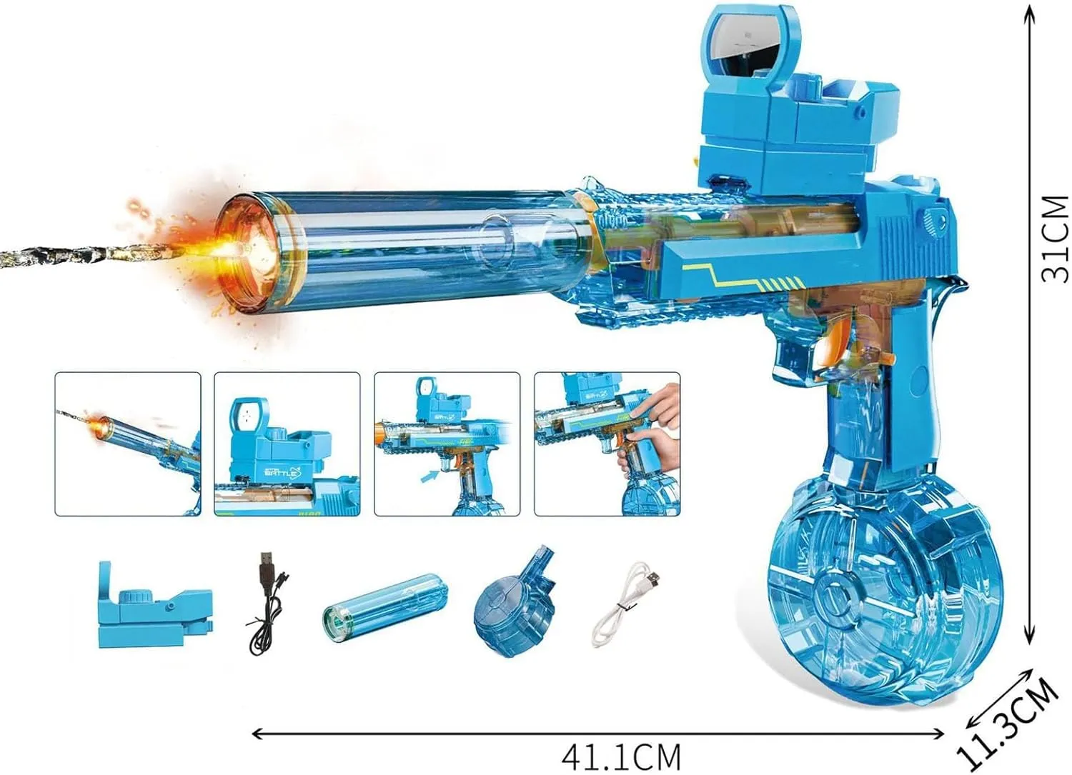 Splasher X Water Gun, Splasher X Water Blaster,500ml Splasherx Automatic Squirt Water Gun Manual Dual Modes Long-Range,with Realistic LED Light Flame,Summer Swimming Pool Party Toy (D)