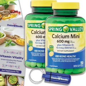 Spring Valley Calcium 600 mg Plus Vitamin D3 12.5 mcg 150 Ct Mini Softgels (300 Total)   Vitamin Guide & Pill Container (4 Items)!