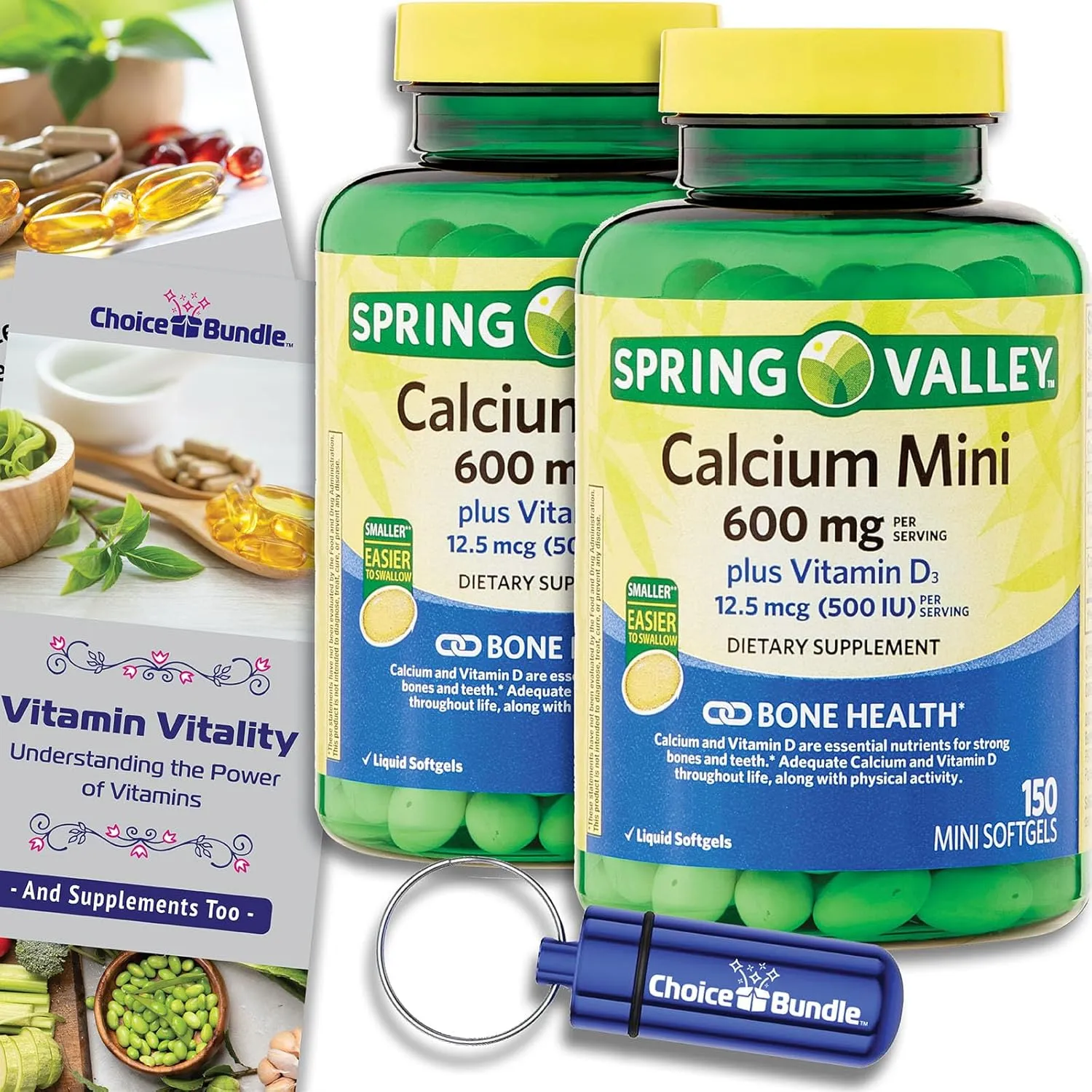 Spring Valley Calcium 600 mg Plus Vitamin D3 12.5 mcg 150 Ct Mini Softgels (300 Total)   Vitamin Guide & Pill Container (4 Items)!