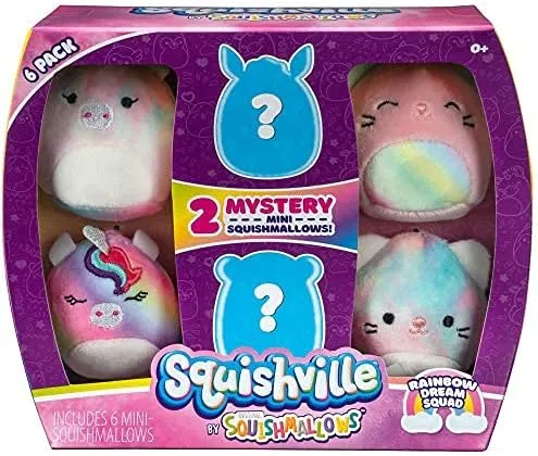 Squishville by Squishmallow Mini Plush Rainbow Dream Squad, Six 2” Rainbow Animals, Irresistibly Soft Colorful Plush, Mini Cat, Llama, and Panda Squishmallows
