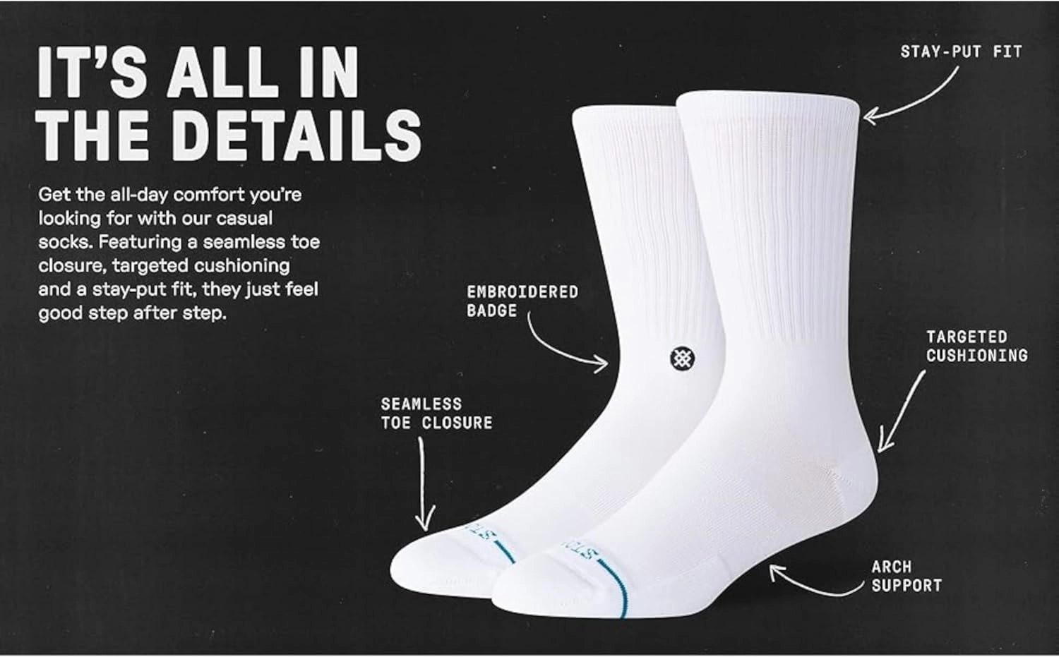 Stance Icon Classic Casual Crew Socks 3-Pack, Cotton Blend and Cushioning Arch Support