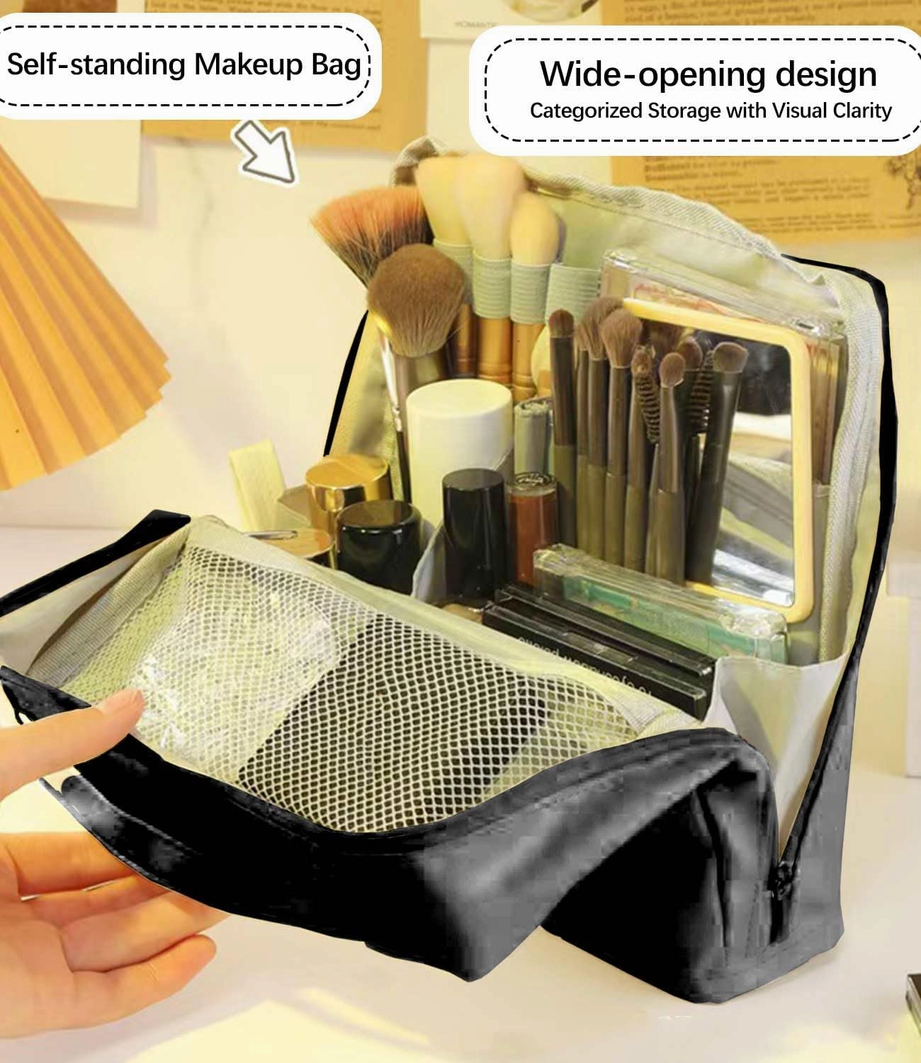 Standing Makeup Bag with Dividers Large Open Top Cosmetic Organizer, Multi-Compartment Travel Toiletry Bag for Women (Purple)