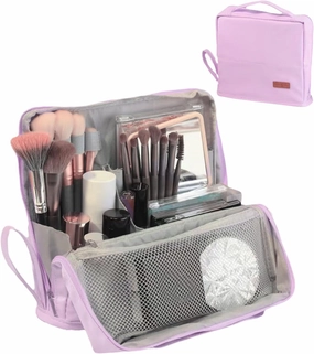 Standing Makeup Bag with Dividers Large Open Top Cosmetic Organizer, Multi-Compartment Travel Toiletry Bag for Women (Purple)