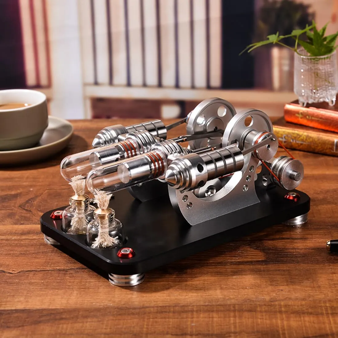 Stirling Engine Model Kits, 2-Cylinder Parallel Bootable Stirling External Combustion Engine with LED Light Generator for Physical Science Experiment Display