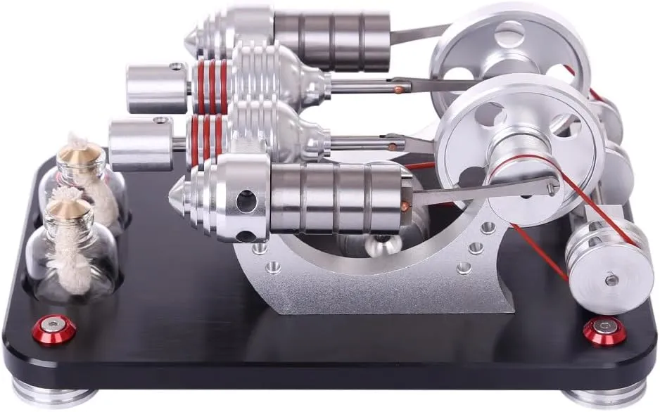 Stirling Engine Model Kits, 2-Cylinder Parallel Bootable Stirling External Combustion Engine with LED Light Generator for Physical Science Experiment Display
